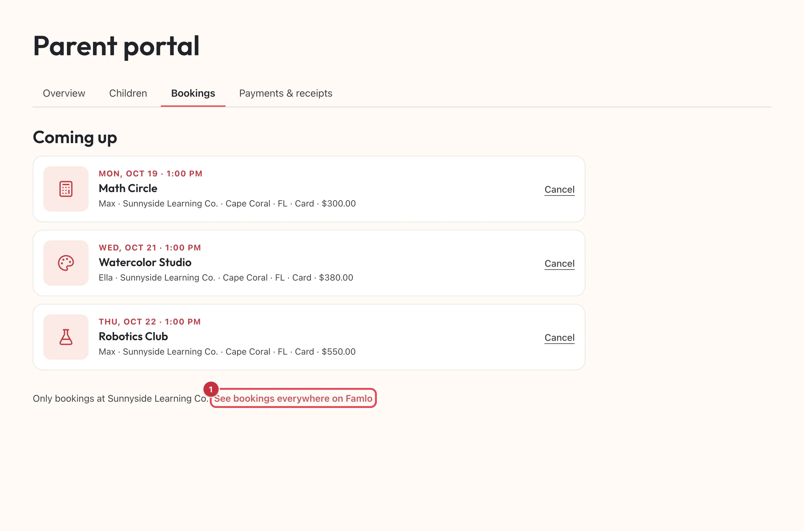 The Bookings tab in the Parent portal, listing three upcoming classes, each with a Cancel link, and See bookings everywhere on Famlo numbered 1