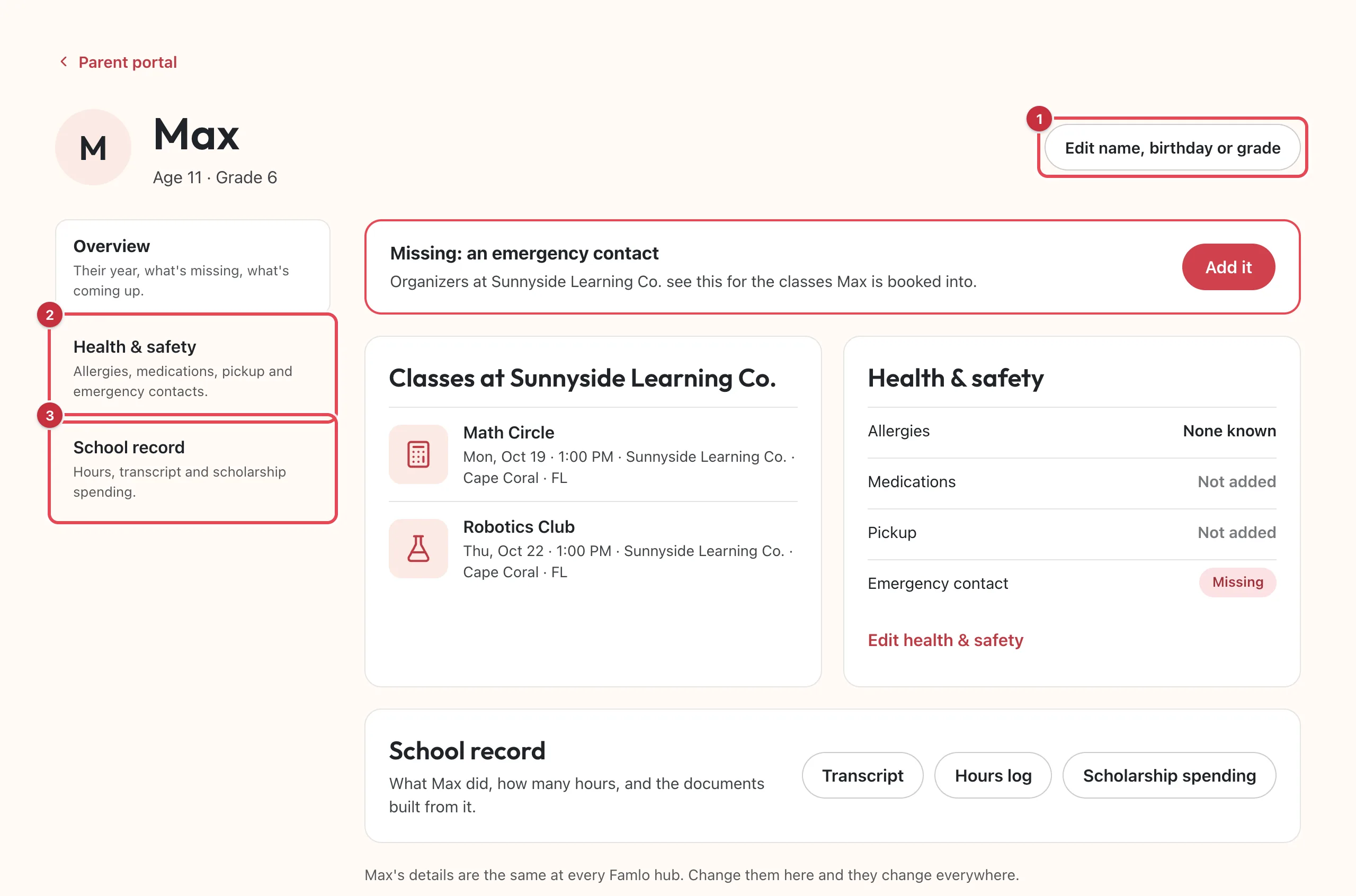 A child's page in the Parent portal, with Edit name, birthday or grade, Health & safety and School record numbered 1 to 3