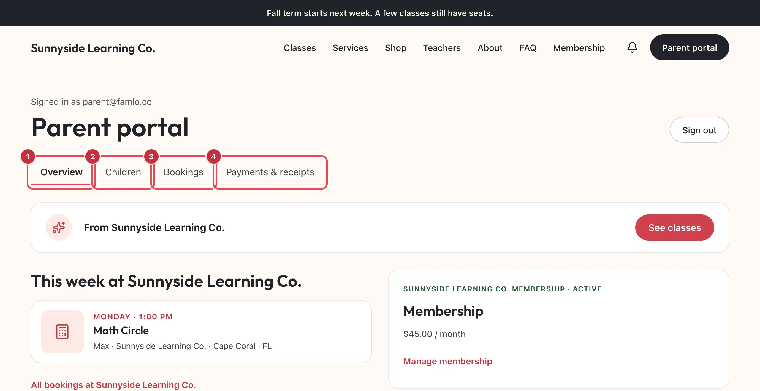 The Parent portal on Sunnyside Learning Co.'s website, with the Overview, Children, Bookings and Payments & receipts tabs numbered 1 to 4