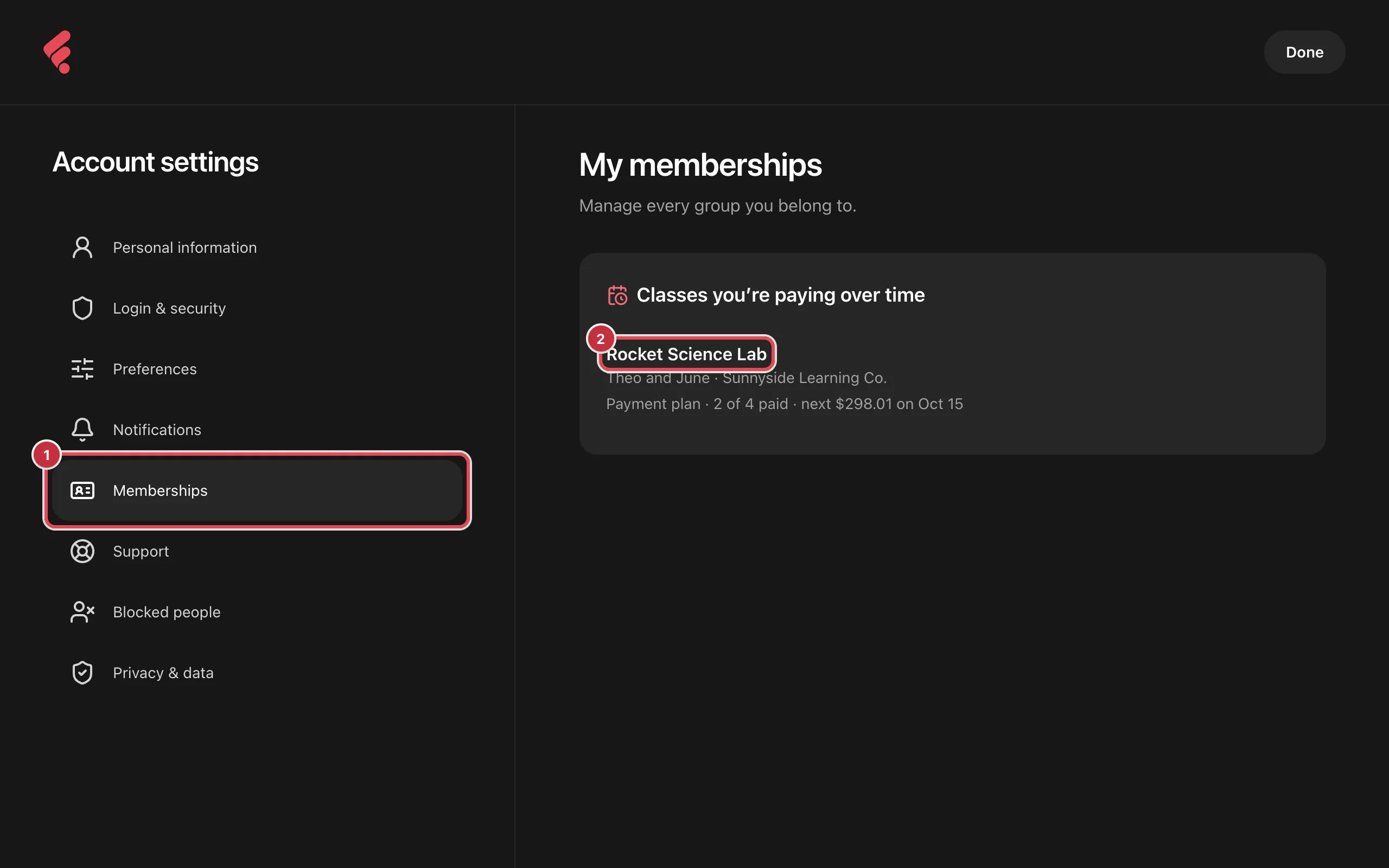 Account settings with Memberships highlighted, and the Classes you're paying over time section listing Rocket Science Lab for Theo and June at Sunnyside Learning Co., with the line Payment plan, 2 of 4 paid