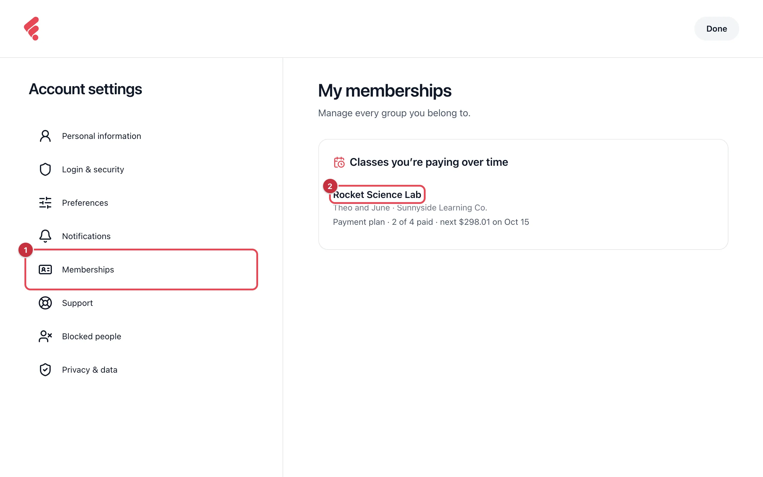 Account settings with Memberships highlighted, and the Classes you're paying over time section listing Rocket Science Lab for Theo and June at Sunnyside Learning Co., with the line Payment plan, 2 of 4 paid