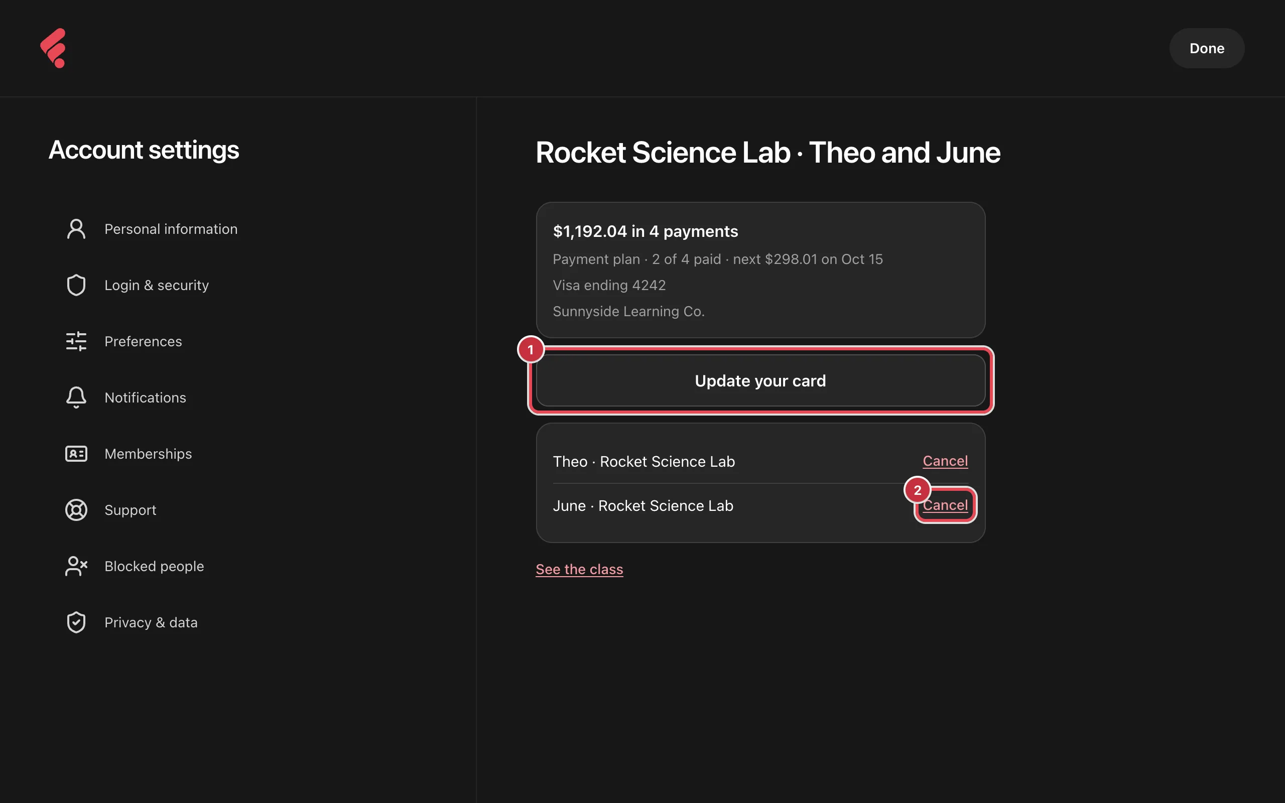 The plan page for Rocket Science Lab for Theo and June: $1,192.04 in 4 payments, the status line, Visa ending 4242, the Update your card button and a Cancel link beside each child