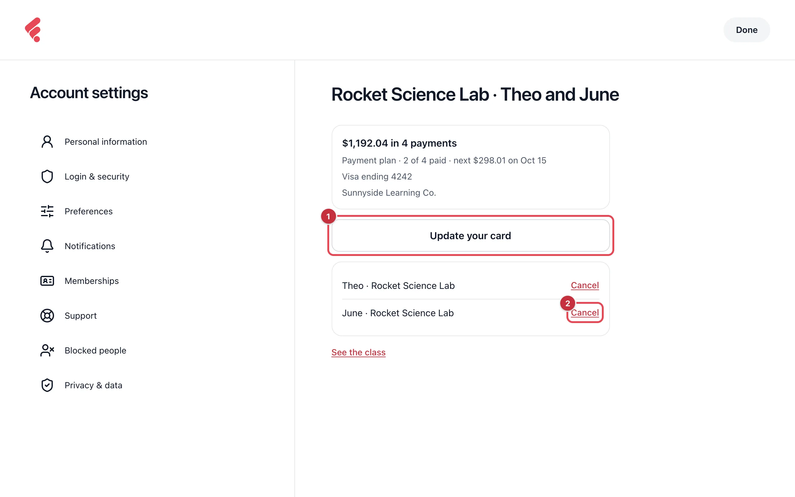 The plan page for Rocket Science Lab for Theo and June: $1,192.04 in 4 payments, the status line, Visa ending 4242, the Update your card button and a Cancel link beside each child