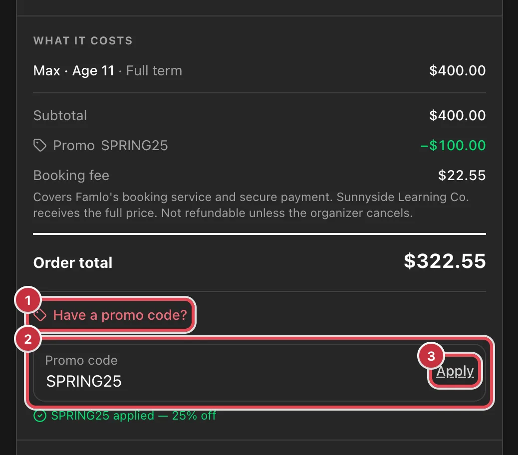 The order summary with Have a promo code?, the Promo code field and Apply highlighted, and SPRING25 applied for 25% off