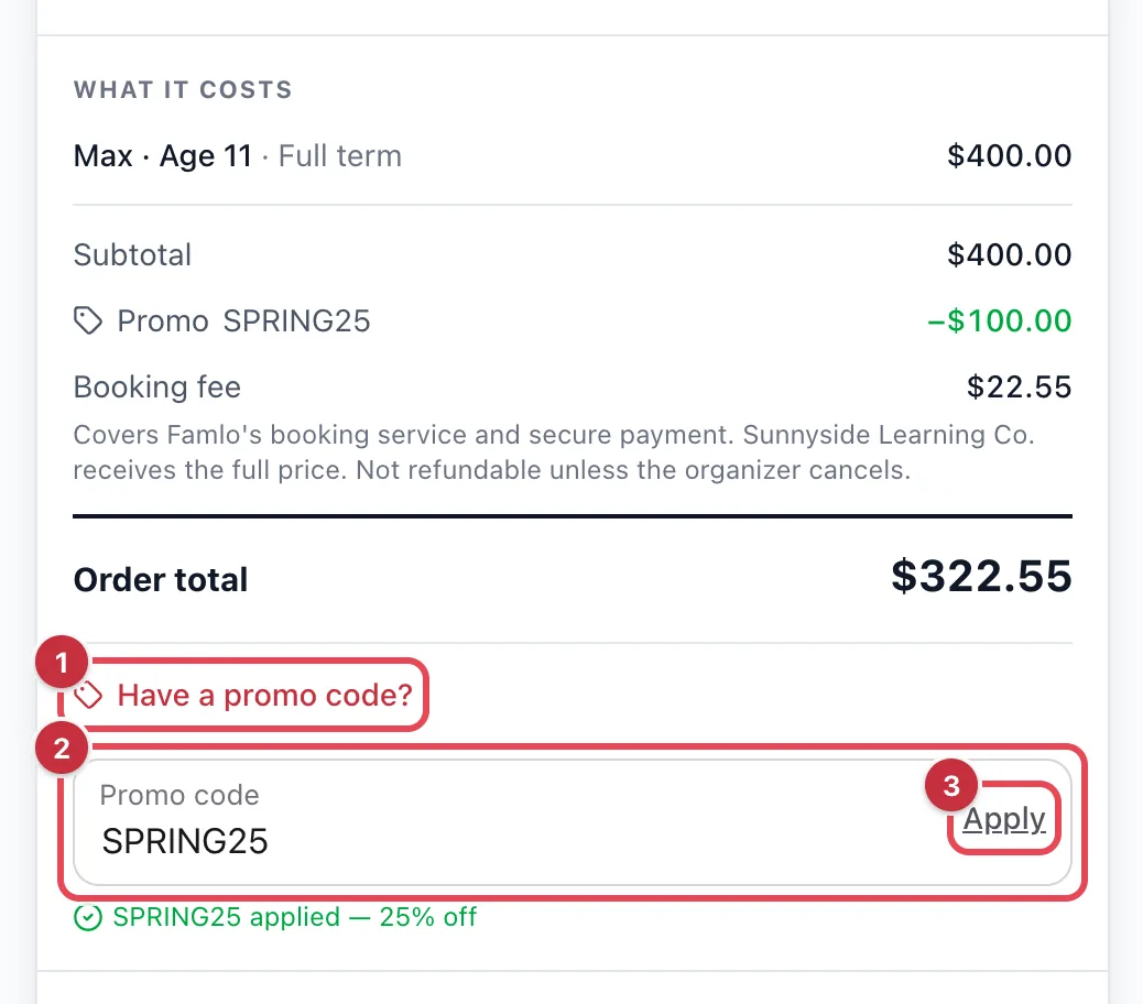 The order summary with Have a promo code?, the Promo code field and Apply highlighted, and SPRING25 applied for 25% off