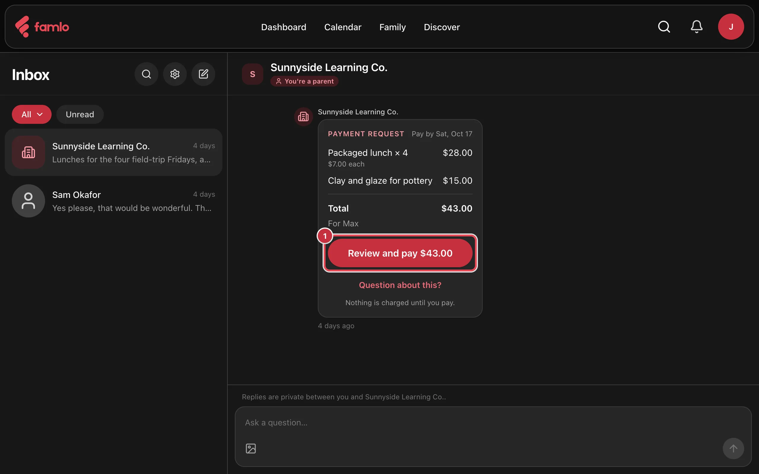 A payment request card in a Messages conversation, with two lines, the total, For Max and the Review and pay button highlighted