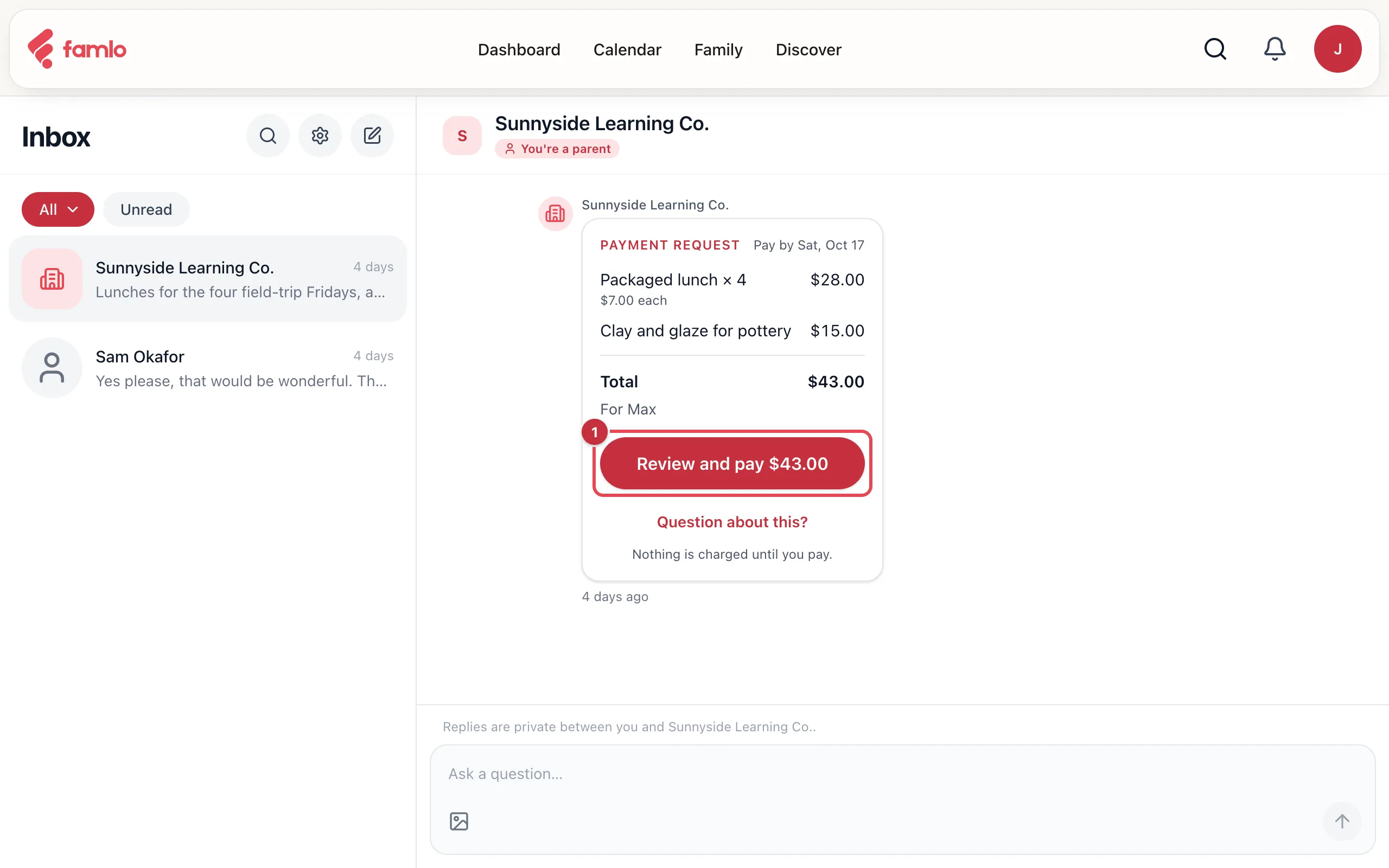A payment request card in a Messages conversation, with two lines, the total, For Max and the Review and pay button highlighted