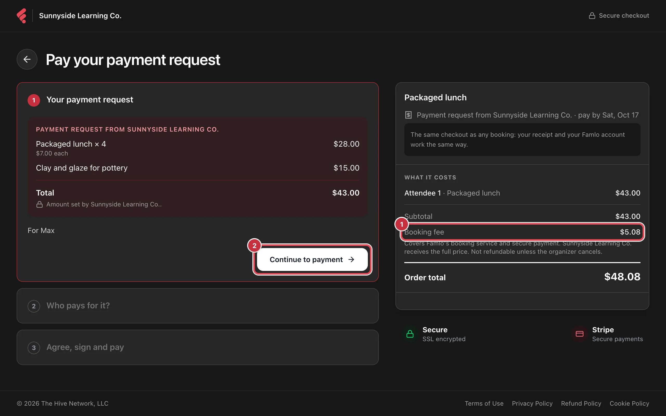 The Pay your payment request checkout, with the Booking fee line and the Continue to payment button highlighted