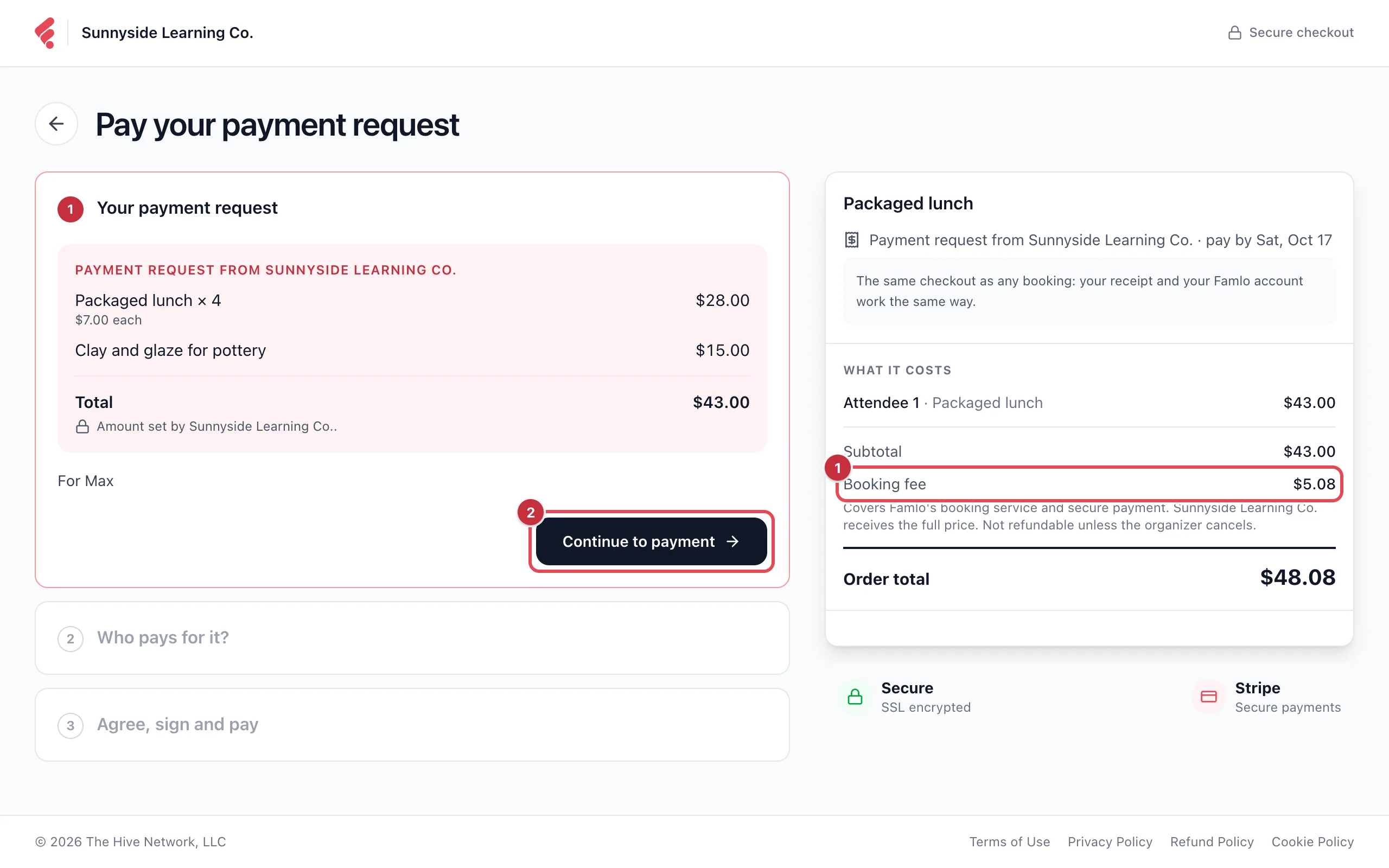 The Pay your payment request checkout, with the Booking fee line and the Continue to payment button highlighted
