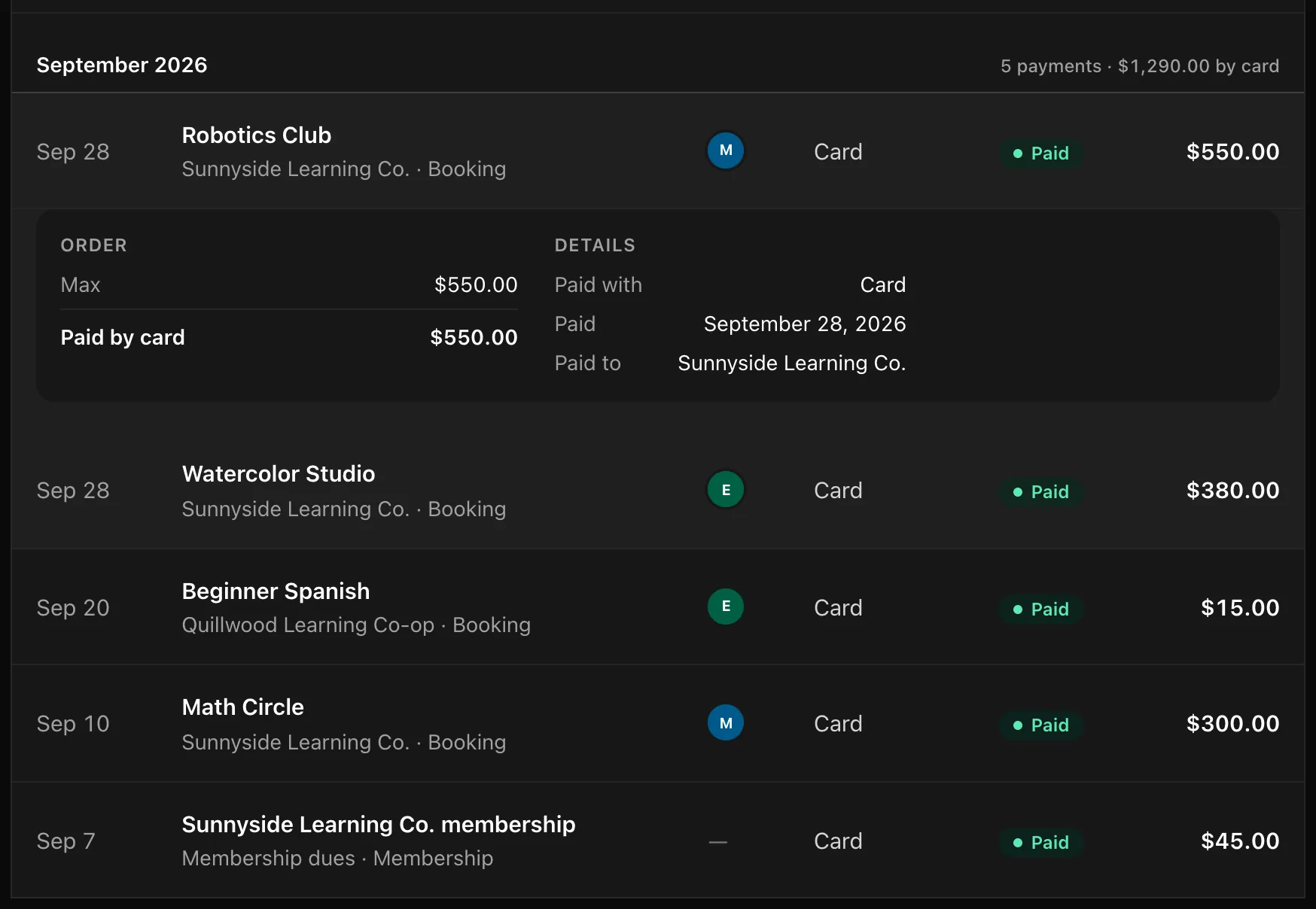 A Robotics Club booking opened in the list, showing Order (Max, $550.00) and Details (Paid with Card, Paid September 28, 2026, Paid to Sunnyside Learning Co.)