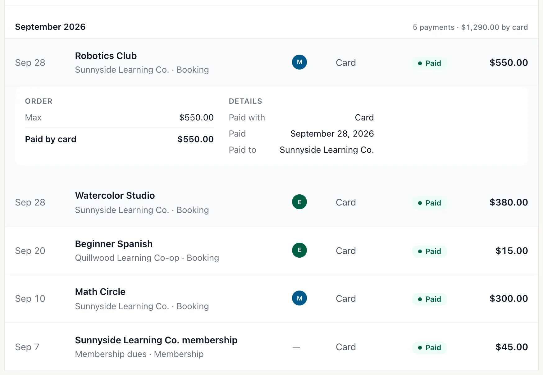 A Robotics Club booking opened in the list, showing Order (Max, $550.00) and Details (Paid with Card, Paid September 28, 2026, Paid to Sunnyside Learning Co.)