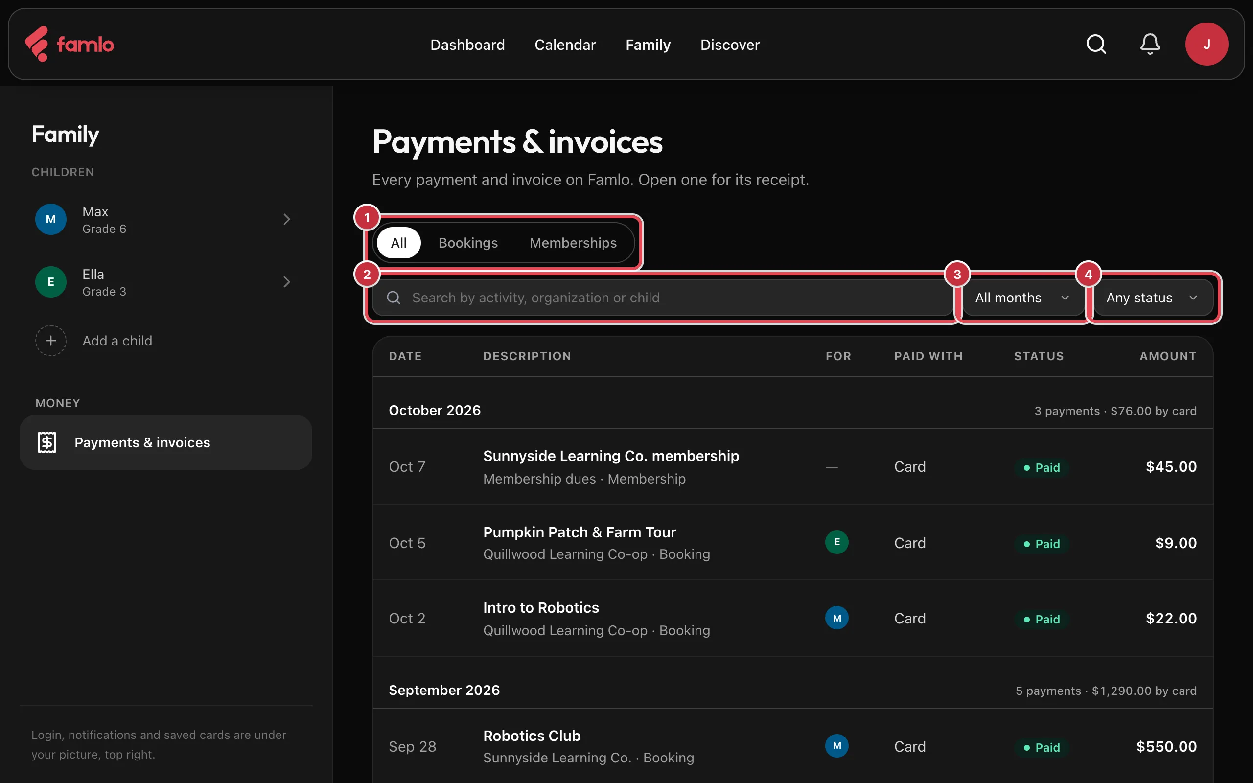 The Payments & invoices page with the All, Bookings and Memberships tabs as 1, the search box as 2, All months as 3 and Any status as 4, above a table of payments grouped by month