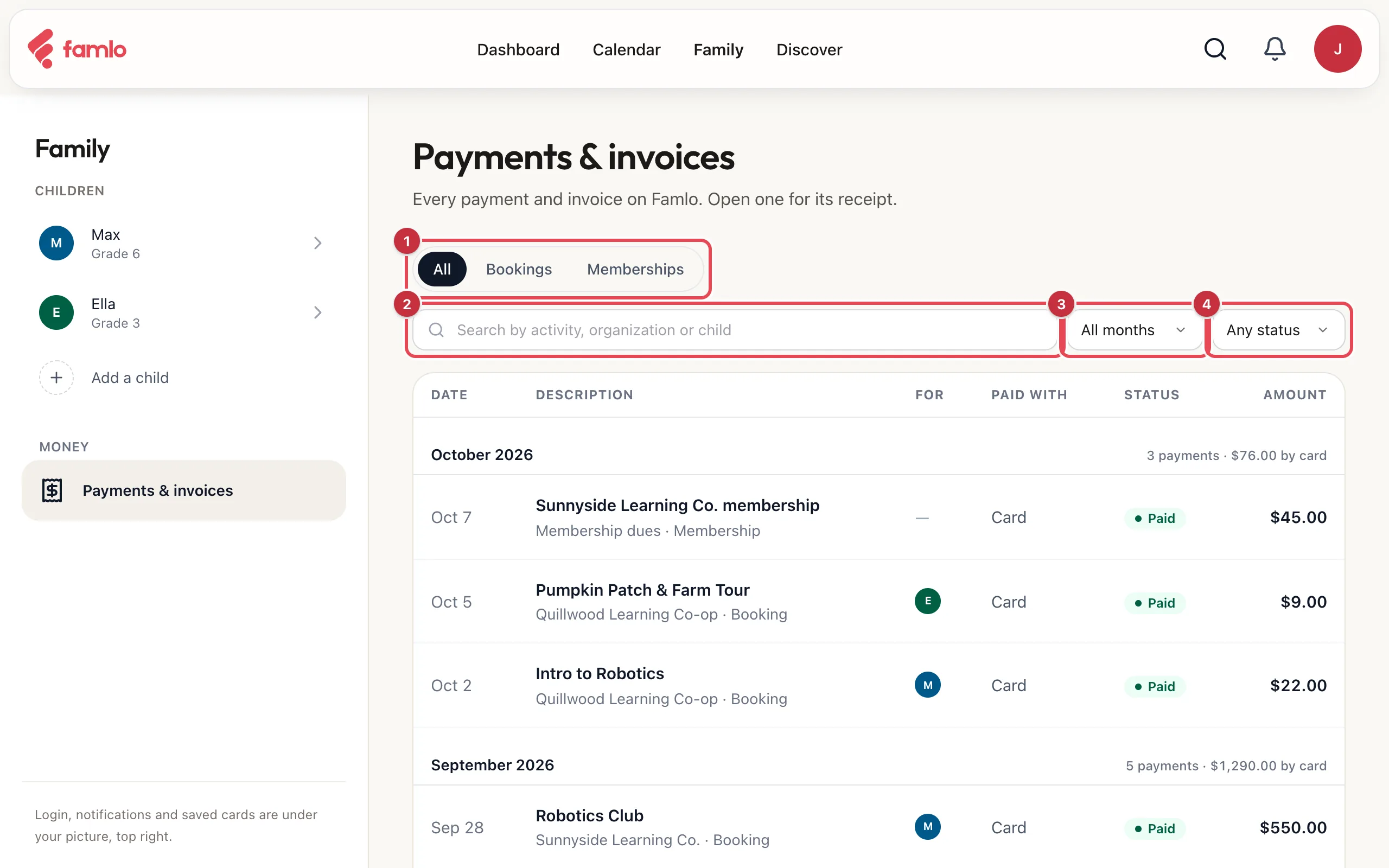 The Payments & invoices page with the All, Bookings and Memberships tabs as 1, the search box as 2, All months as 3 and Any status as 4, above a table of payments grouped by month