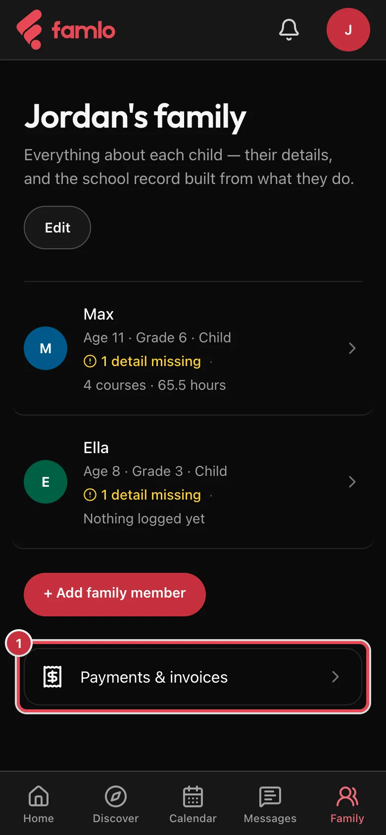 Jordan's family on a phone, with the Payments & invoices link below the children highlighted as 1