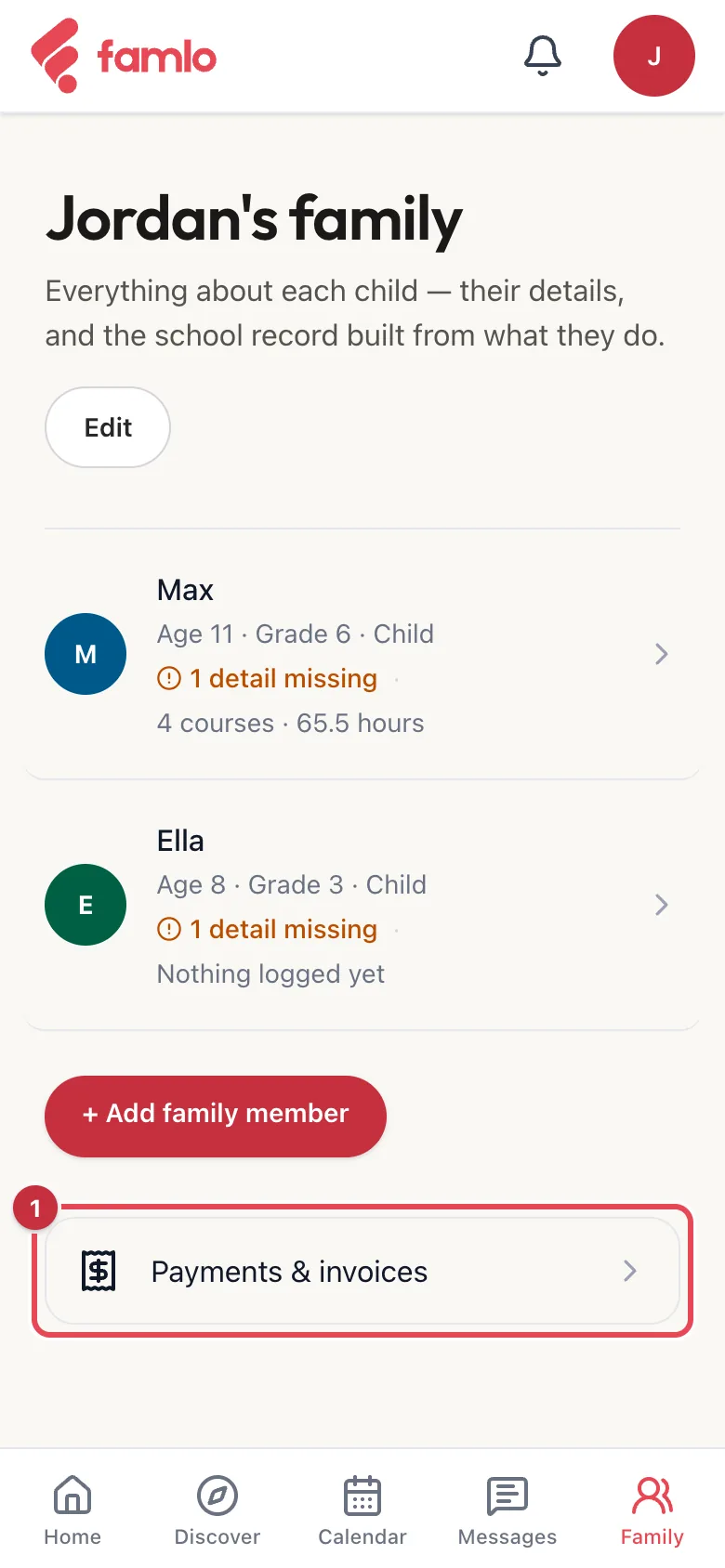 Jordan's family on a phone, with the Payments & invoices link below the children highlighted as 1