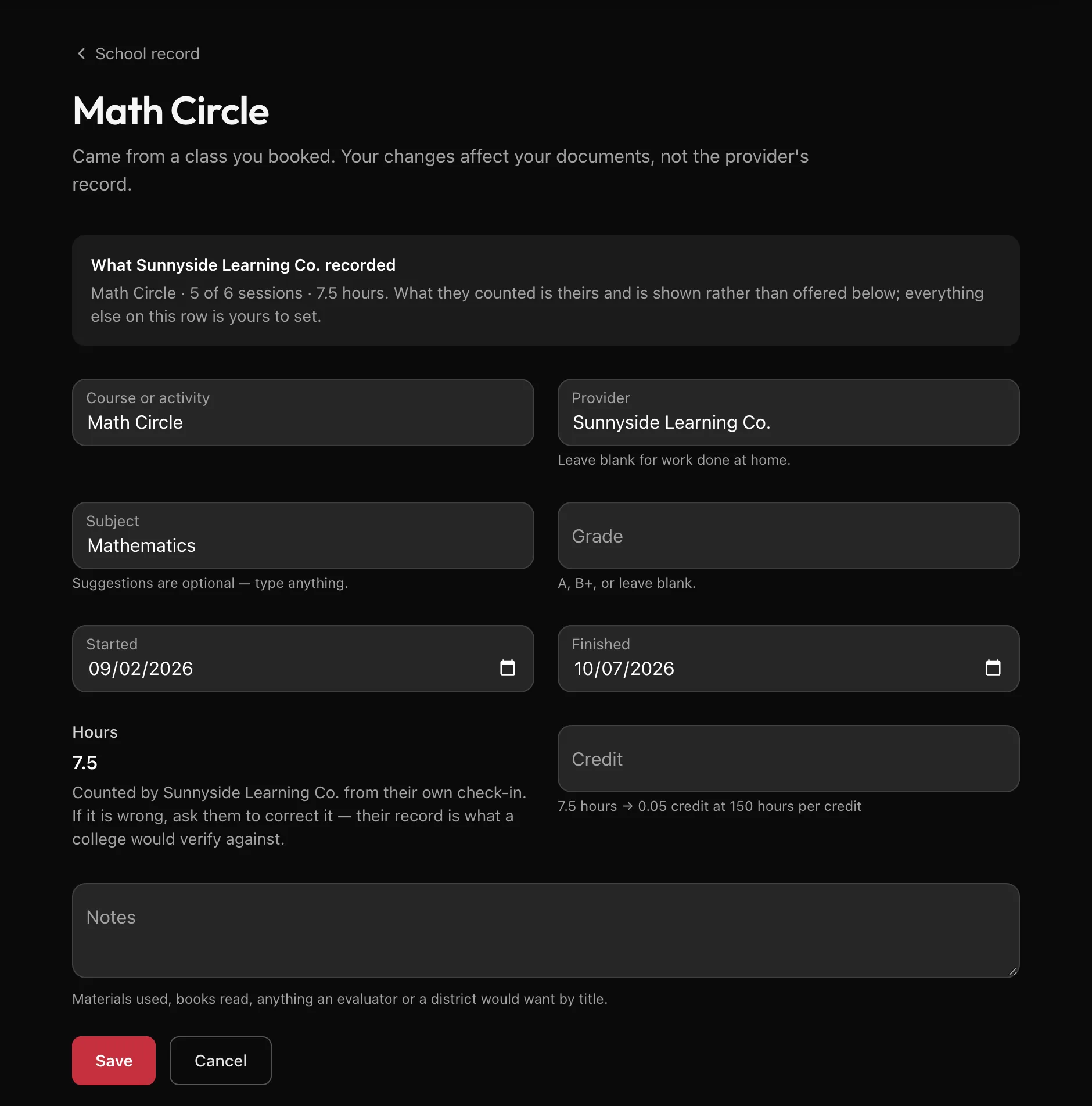 Editing Math Circle: a What Sunnyside Learning Co. recorded box, editable name, subject, grade, dates and credit, and hours shown as counted by Sunnyside Learning Co.