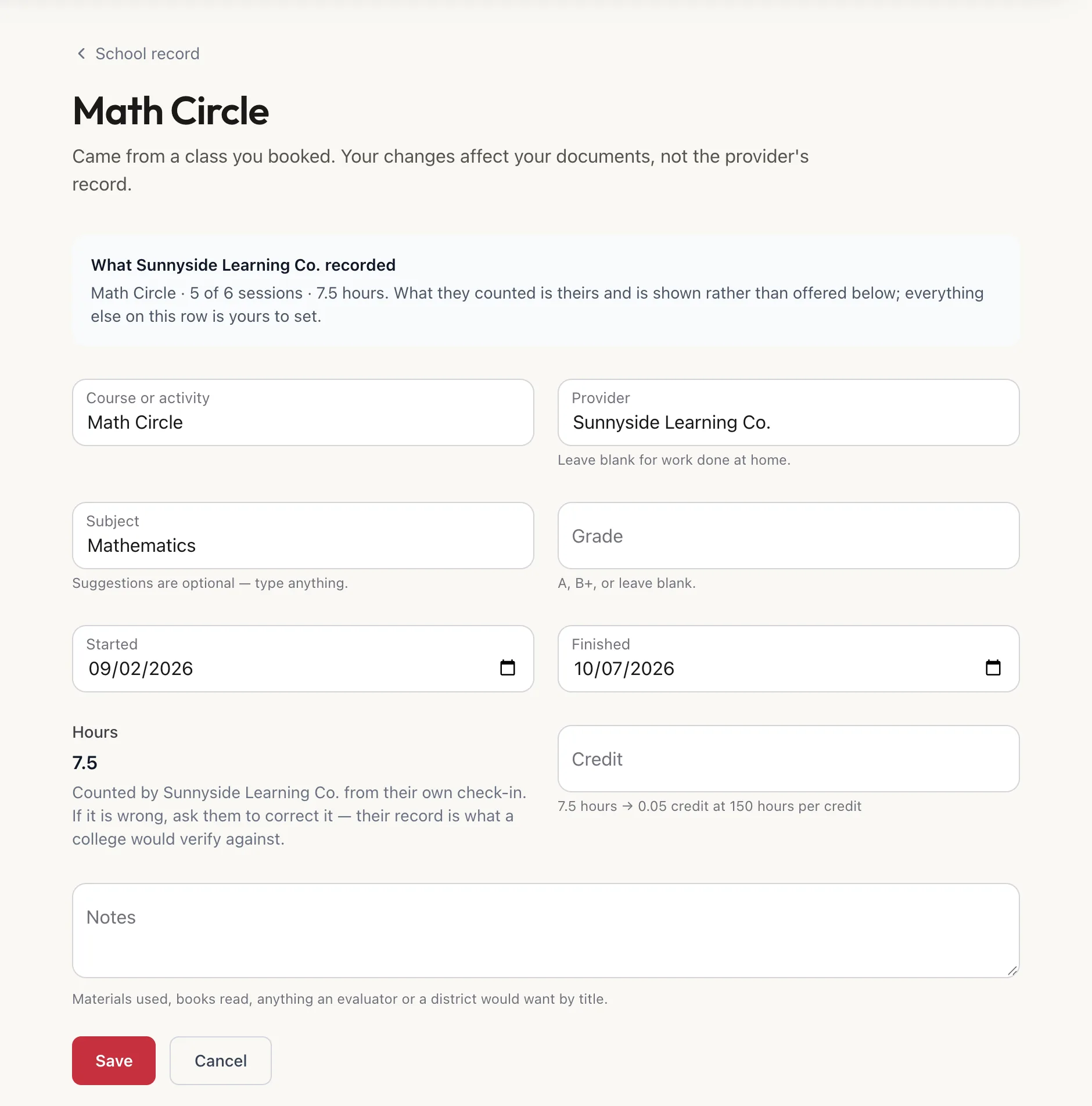 Editing Math Circle: a What Sunnyside Learning Co. recorded box, editable name, subject, grade, dates and credit, and hours shown as counted by Sunnyside Learning Co.