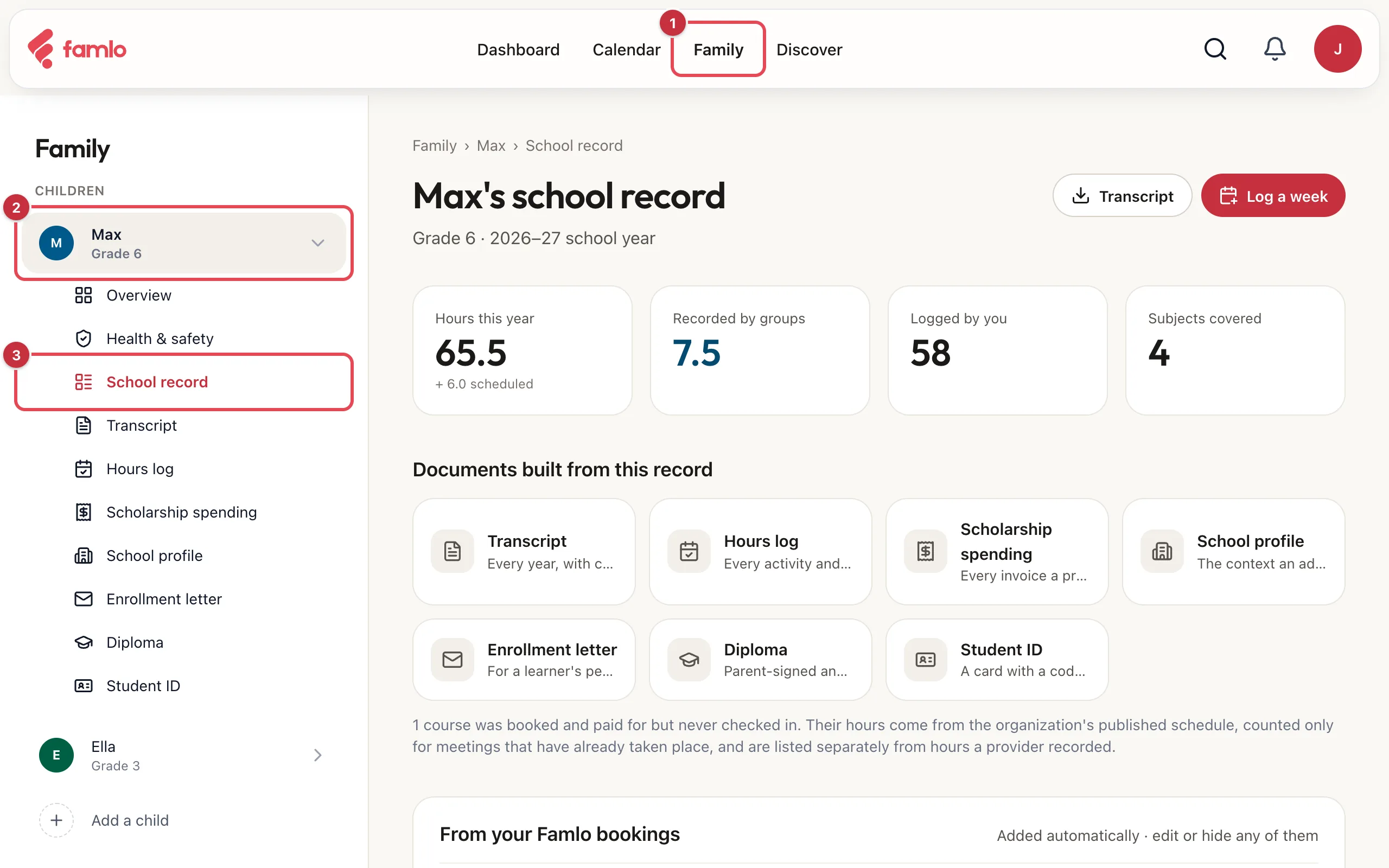 Max's school record, with Family, Max and School record highlighted, four totals for the 2026–27 school year and the documents built from the record