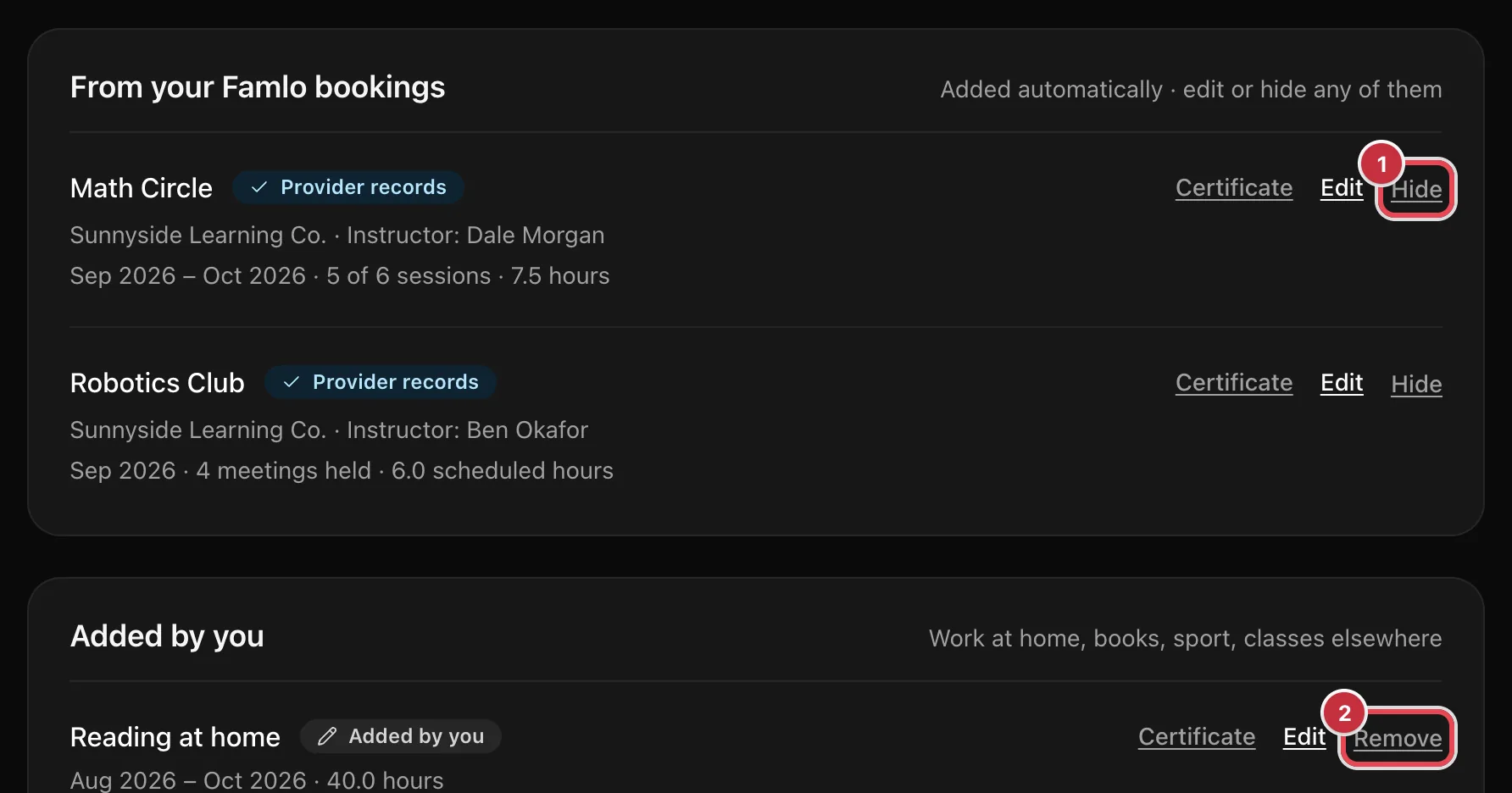The From your Famlo bookings list with Hide highlighted on Math Circle, and the Added by you list with Remove highlighted on Reading at home
