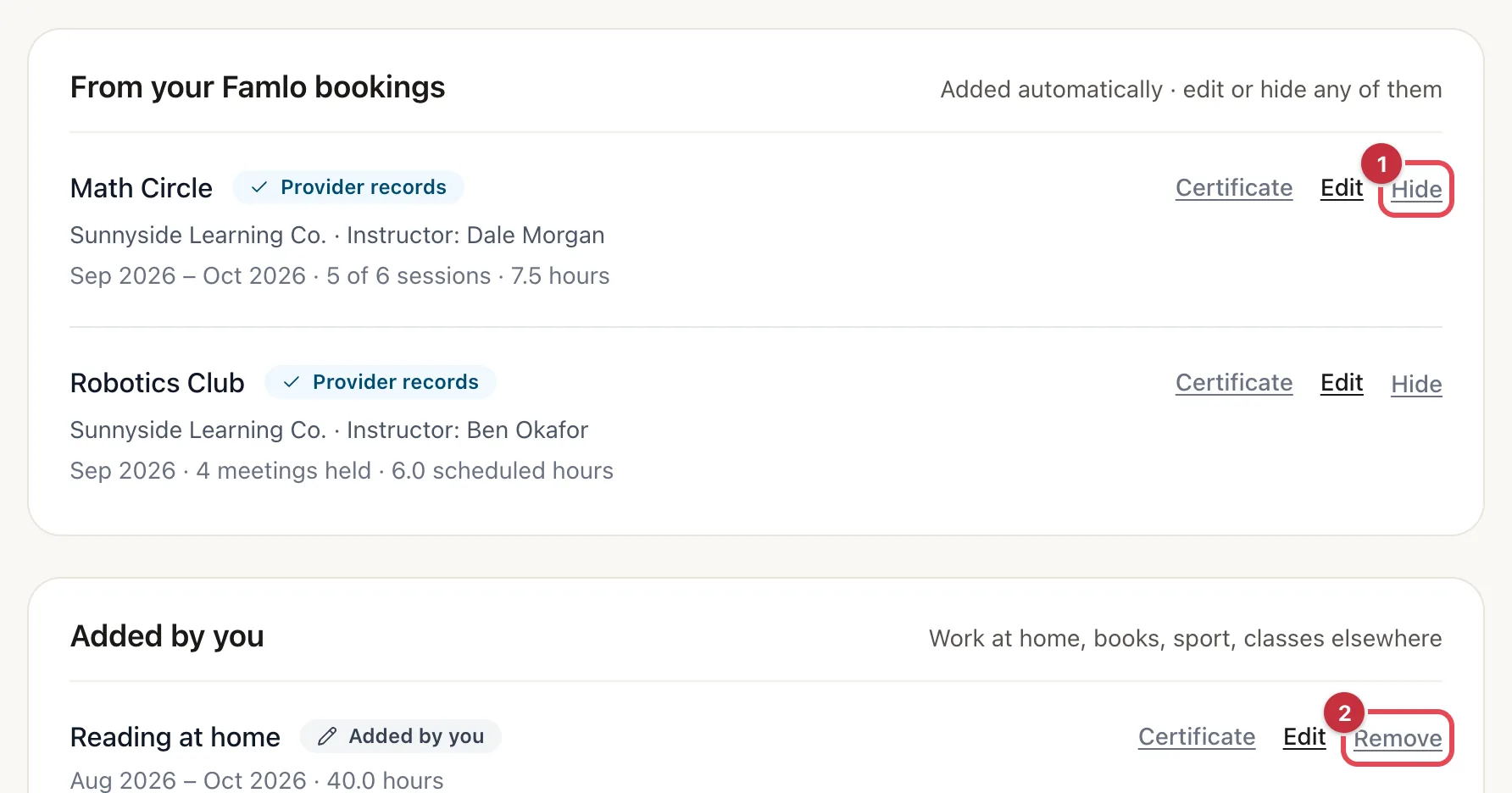 The From your Famlo bookings list with Hide highlighted on Math Circle, and the Added by you list with Remove highlighted on Reading at home
