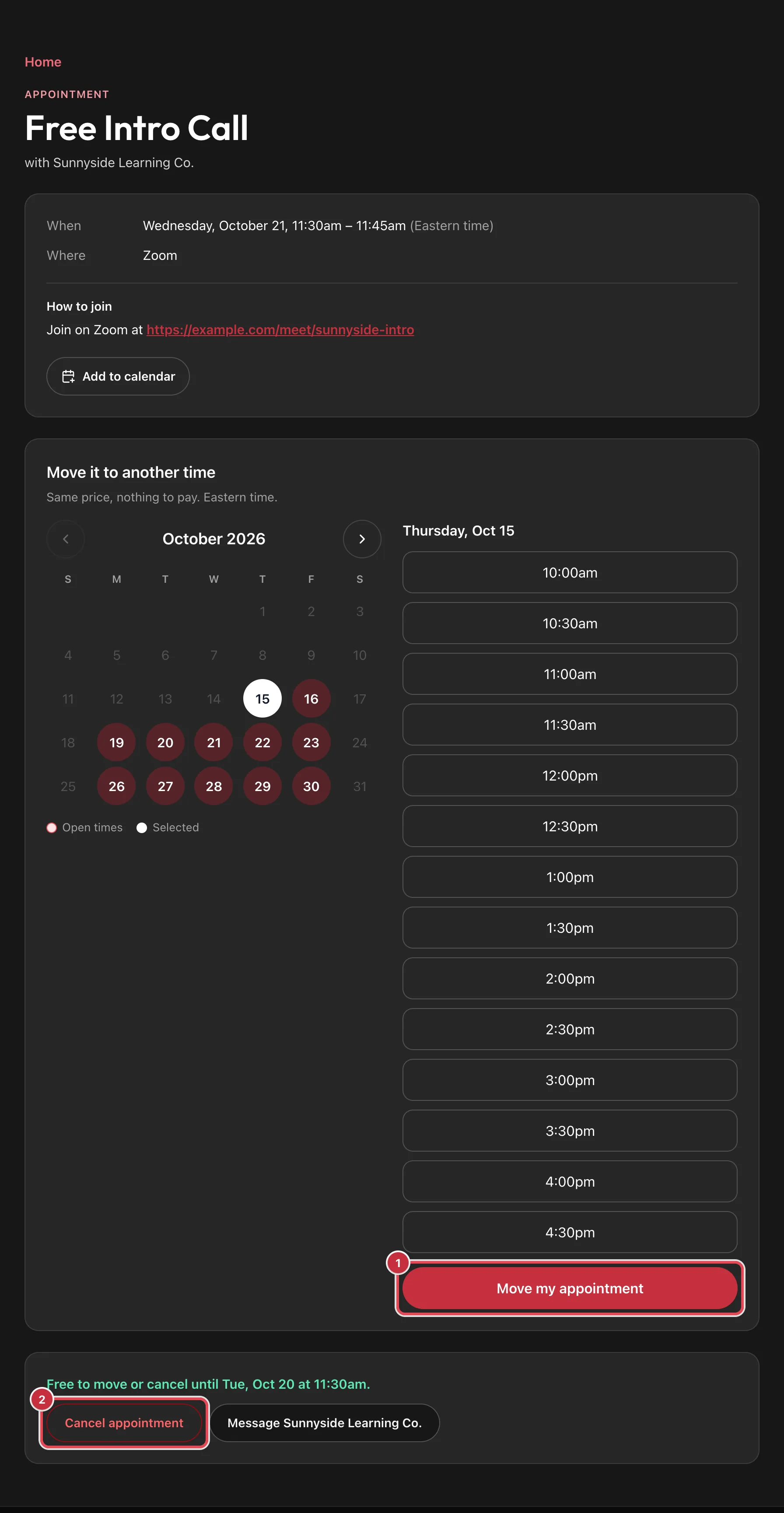 An appointment page with its details, a calendar and times under Move it to another time, and the Move my appointment and Cancel appointment buttons highlighted
