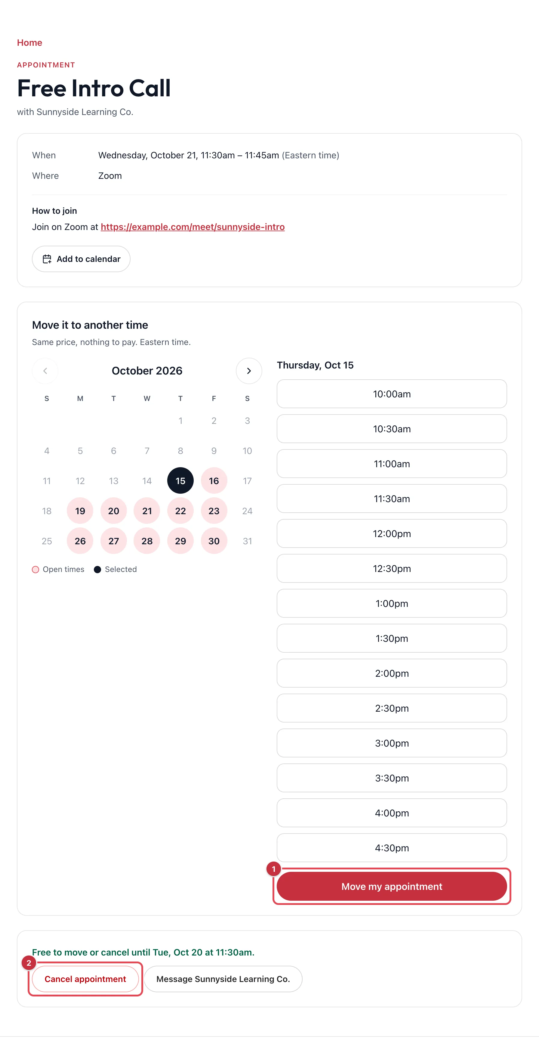 An appointment page with its details, a calendar and times under Move it to another time, and the Move my appointment and Cancel appointment buttons highlighted