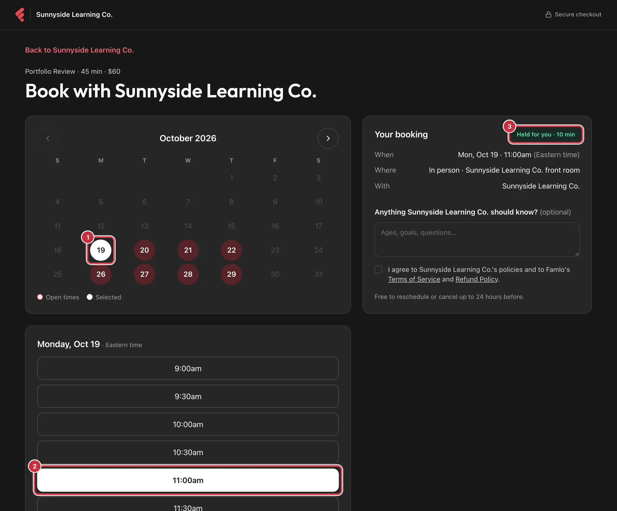 The Book with Sunnyside Learning Co. page with a day, a time and the Held for you · 10 min badge highlighted