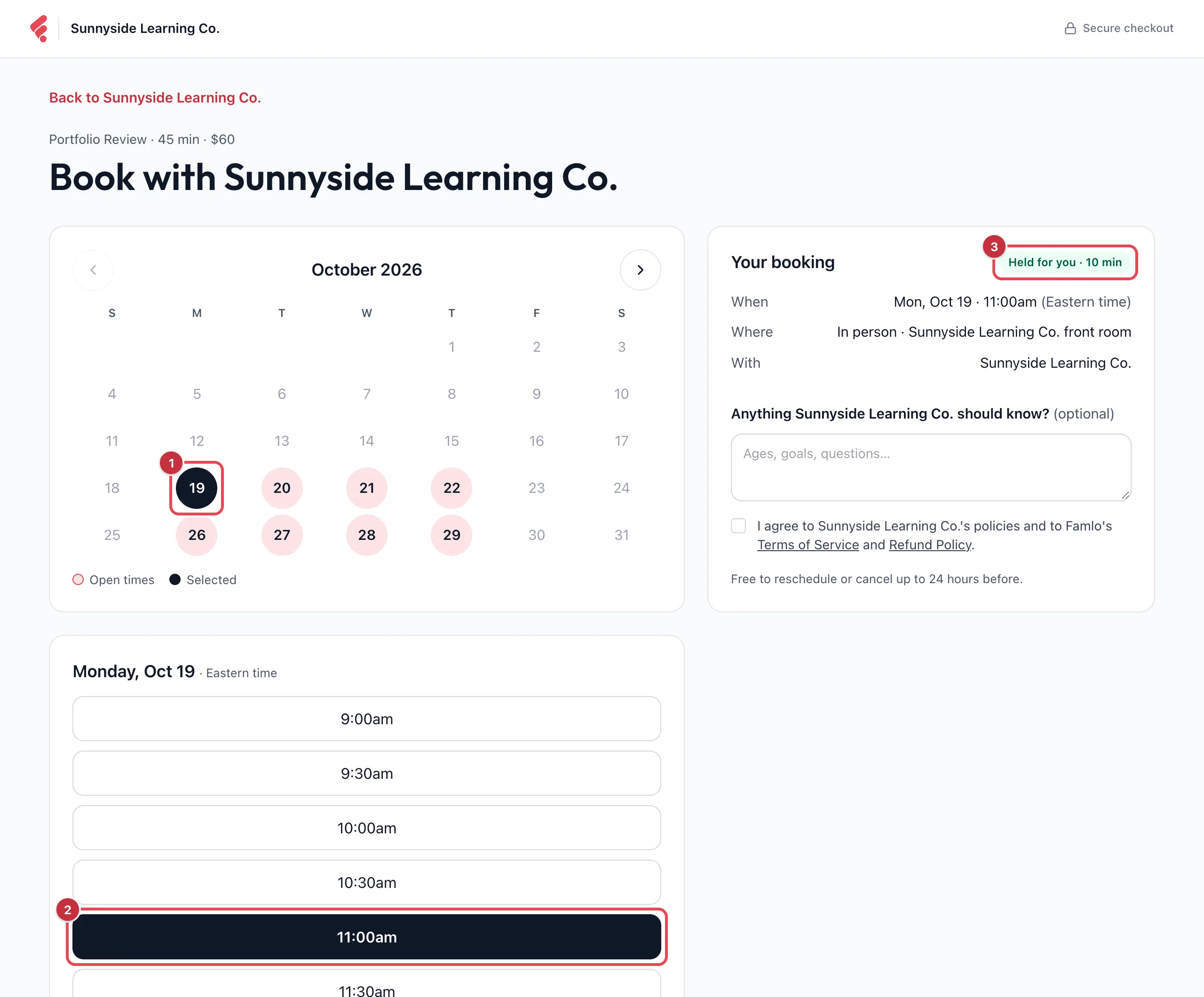 The Book with Sunnyside Learning Co. page with a day, a time and the Held for you · 10 min badge highlighted