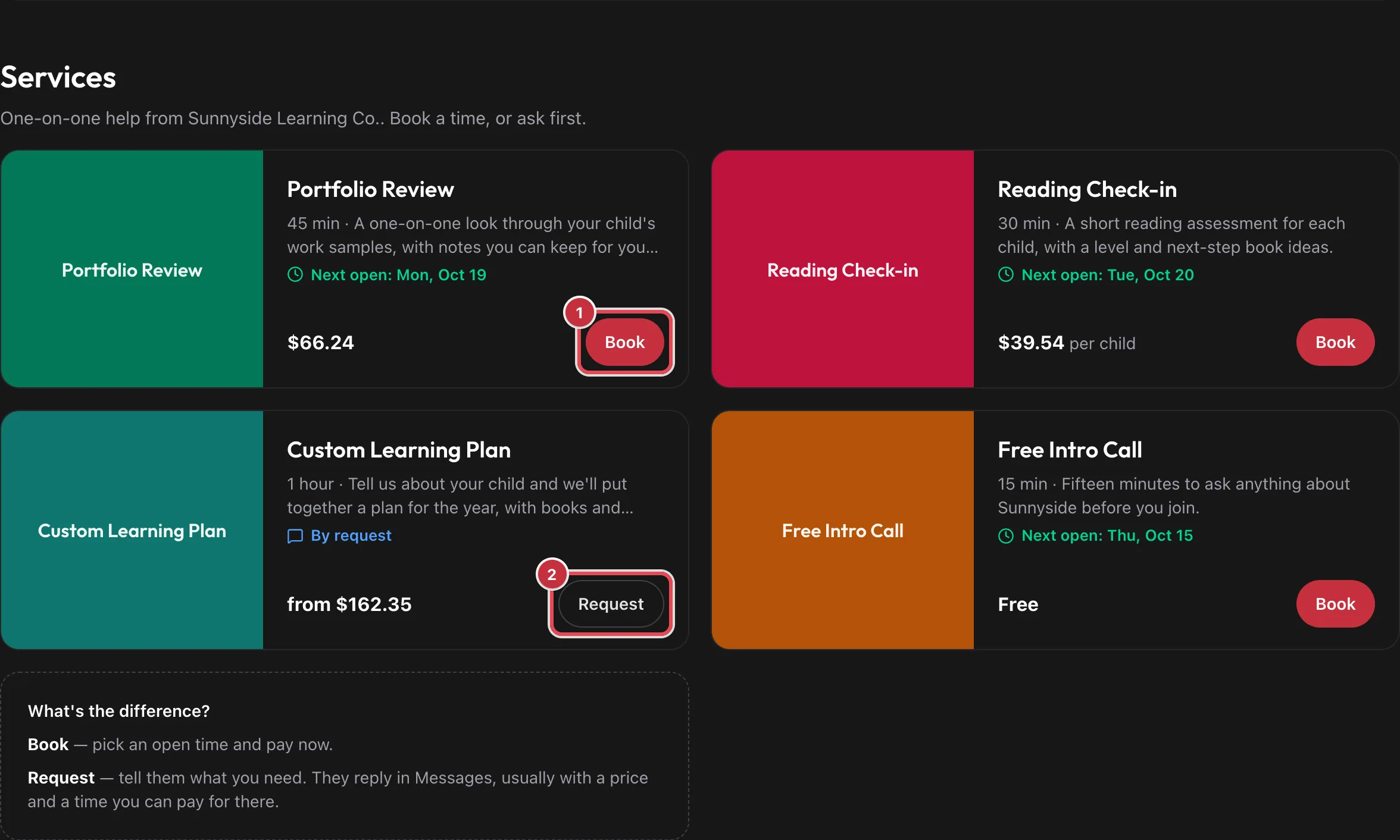 The Services section of an organization's page with four services, the Book button on one service and the Request button on another highlighted