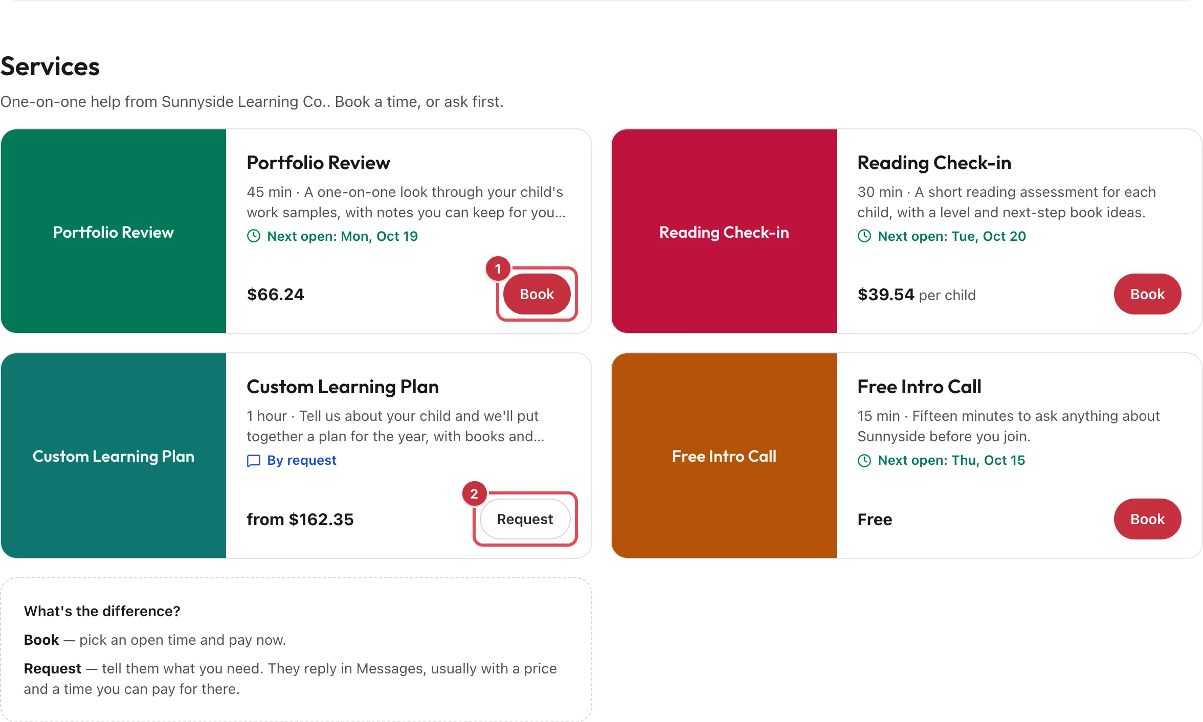 The Services section of an organization's page with four services, the Book button on one service and the Request button on another highlighted