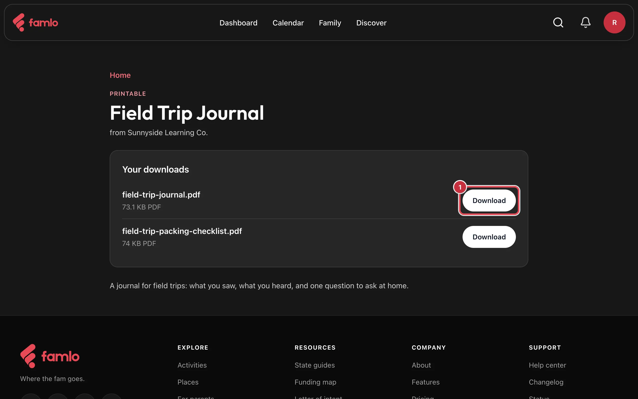 The Field Trip Journal page from Sunnyside Learning Co., with Your downloads listing two PDF files and the first Download button highlighted as 1