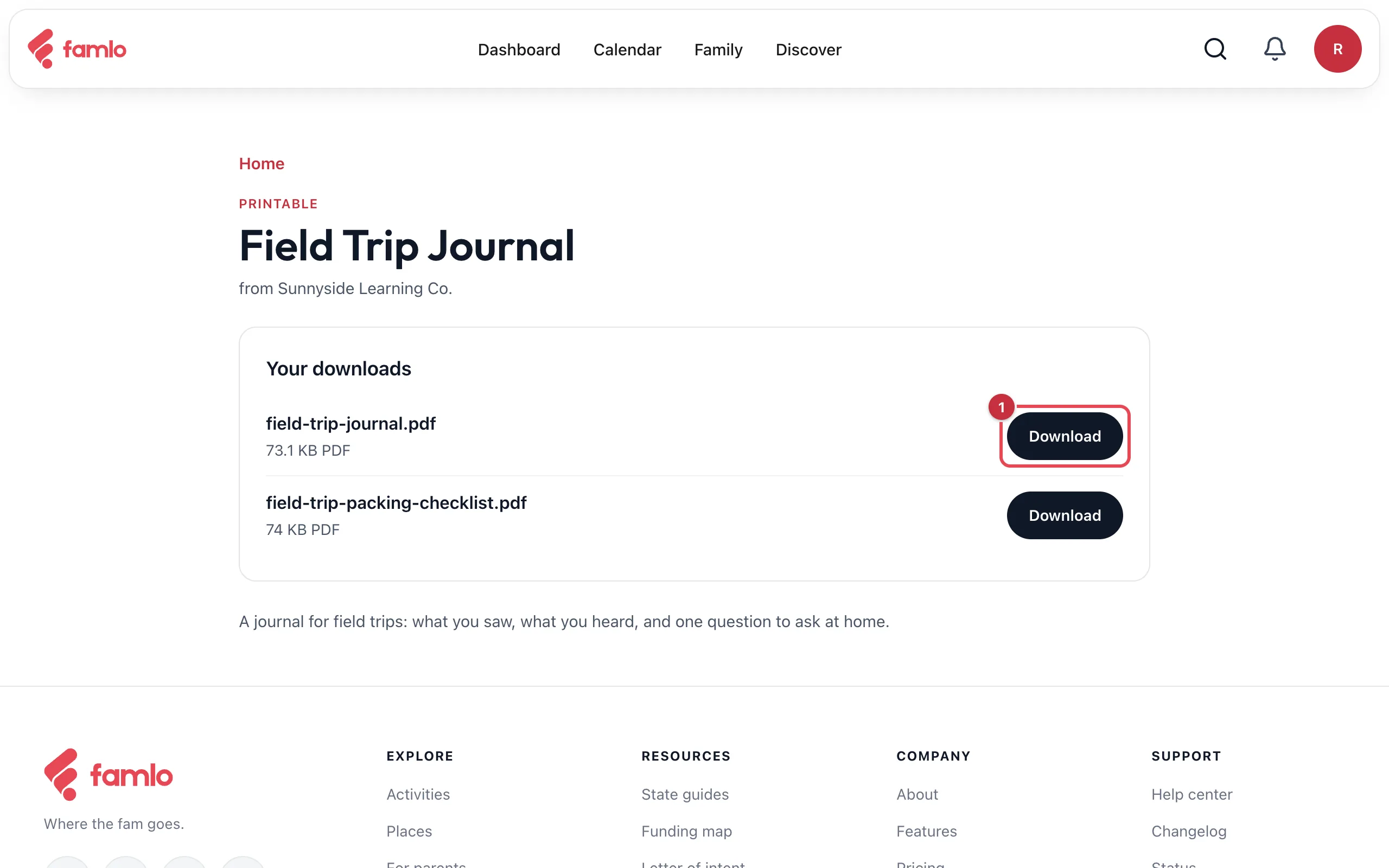 The Field Trip Journal page from Sunnyside Learning Co., with Your downloads listing two PDF files and the first Download button highlighted as 1