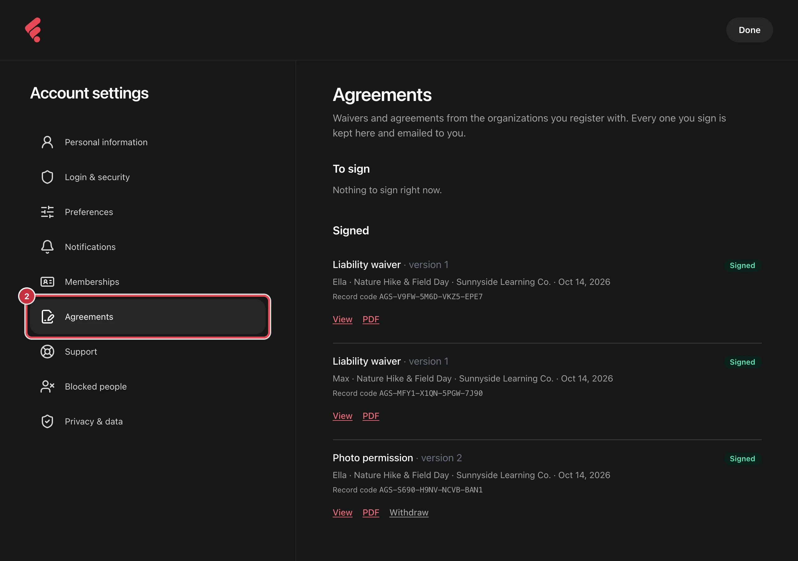 Account settings with Agreements selected, showing nothing to sign and three signed copies, each with its record code and View and PDF links