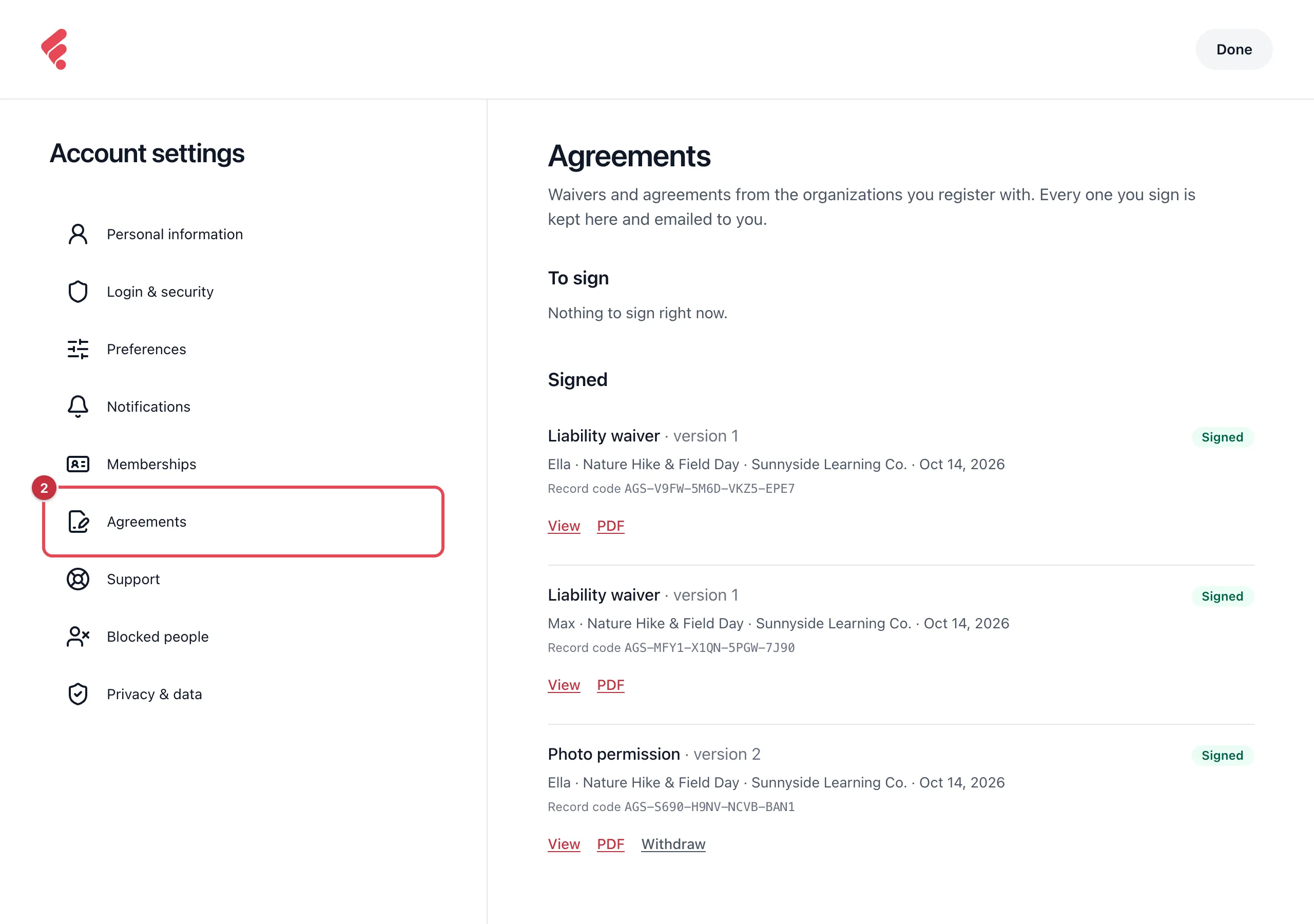 Account settings with Agreements selected, showing nothing to sign and three signed copies, each with its record code and View and PDF links