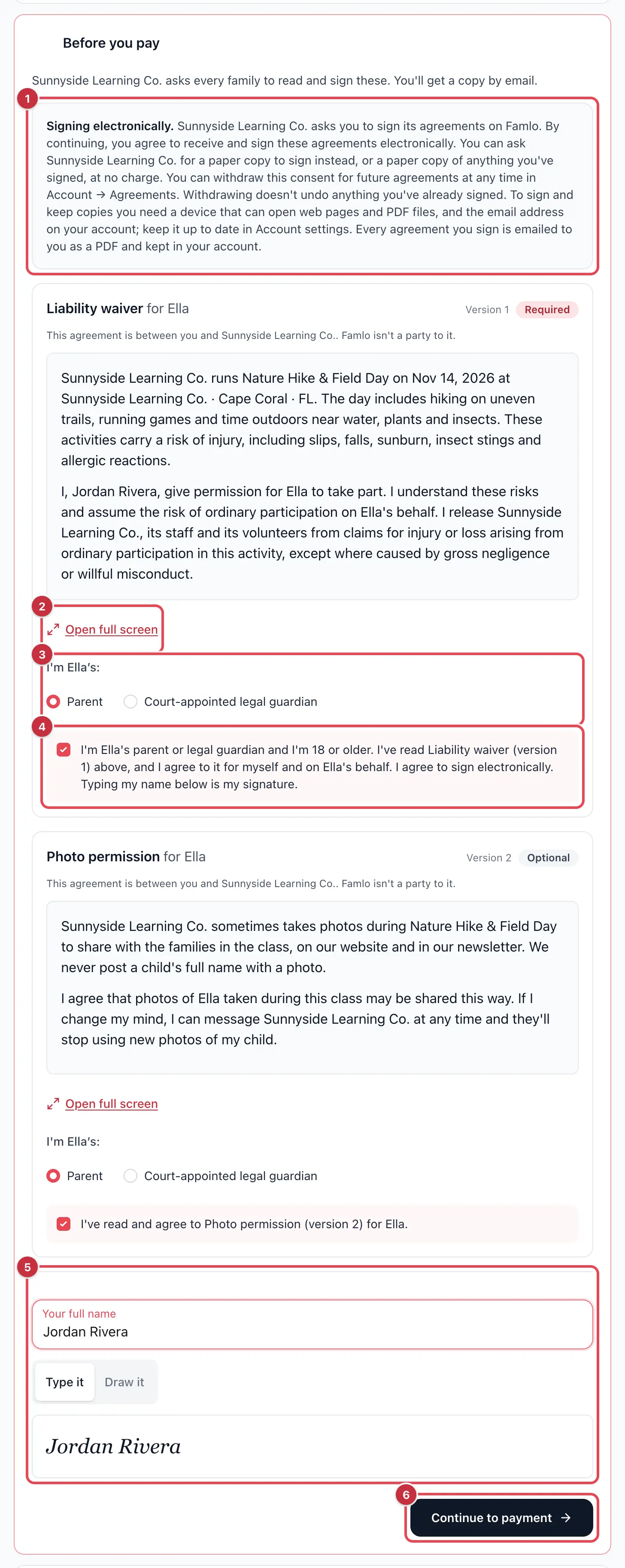 The Before you pay step of checkout with the signing note, a liability waiver and an optional photo permission for one child, the Parent choice, the ticked statement, the typed name and Continue to payment