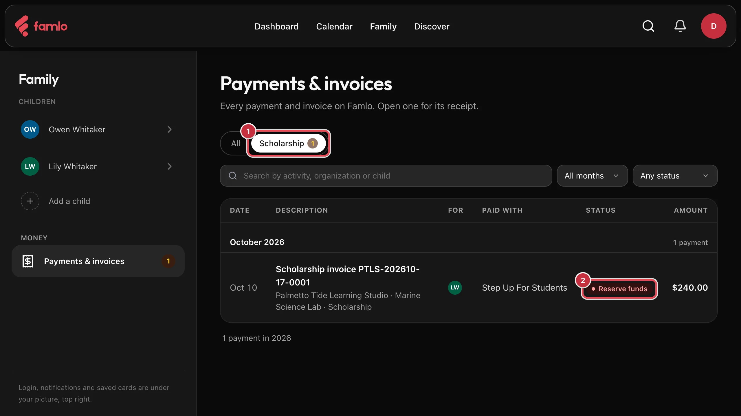 Payments & invoices with the Scholarship tab highlighted and a scholarship invoice whose status reads Reserve funds