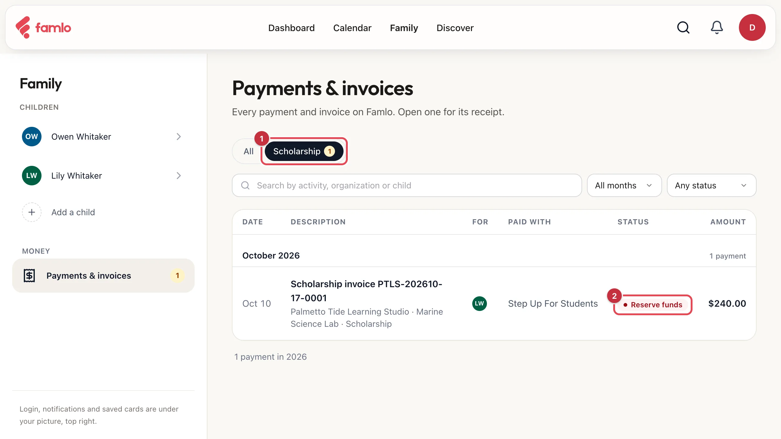 Payments & invoices with the Scholarship tab highlighted and a scholarship invoice whose status reads Reserve funds