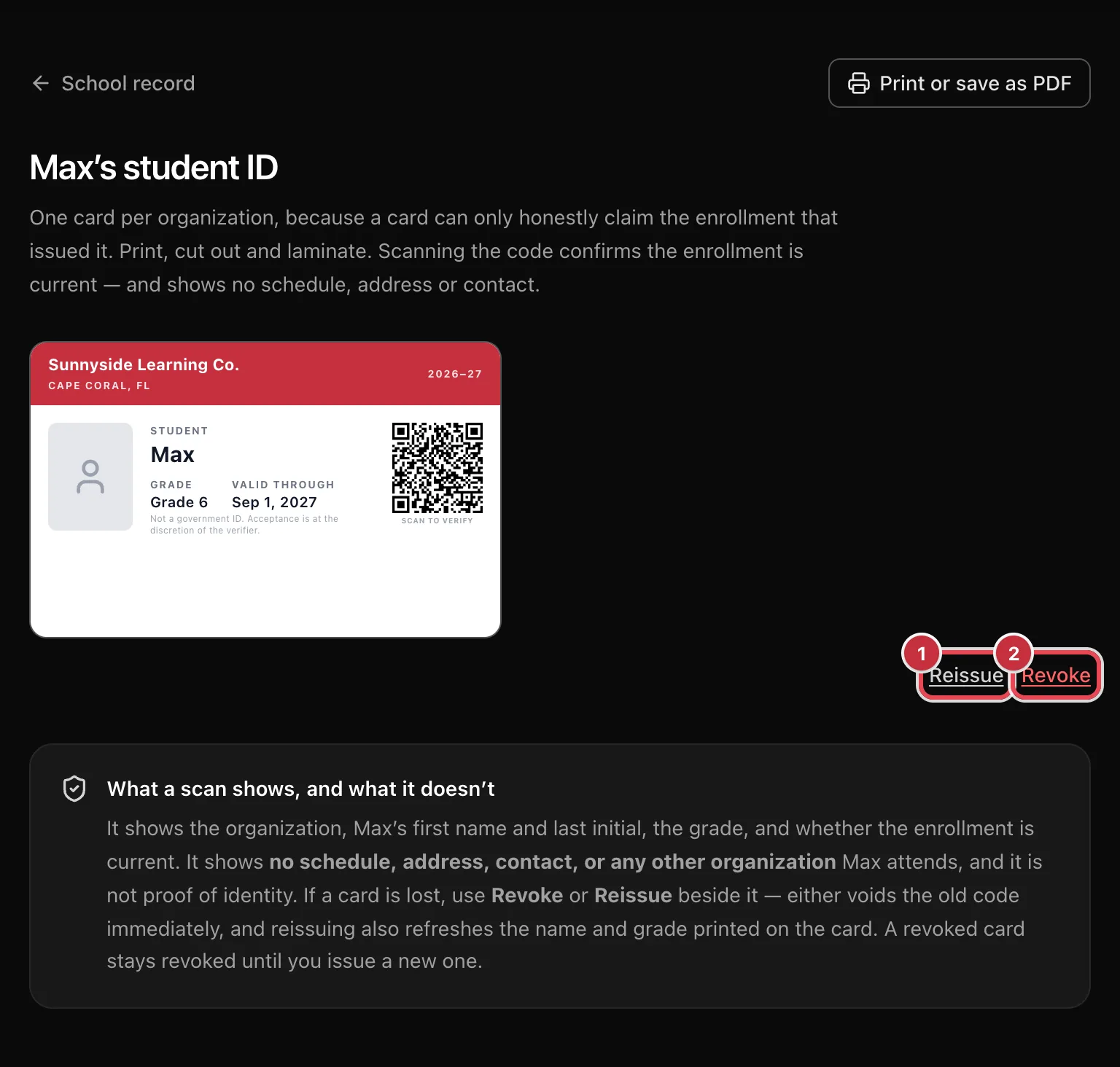 A student ID card from Sunnyside Learning Co. with the Reissue and Revoke links highlighted below it, and the What a scan shows, and what it doesn't panel