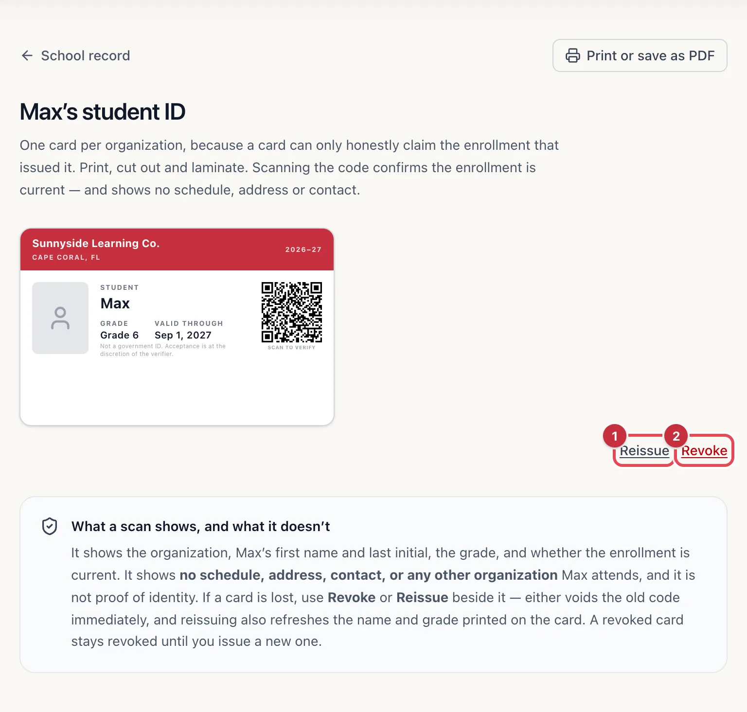 A student ID card from Sunnyside Learning Co. with the Reissue and Revoke links highlighted below it, and the What a scan shows, and what it doesn't panel