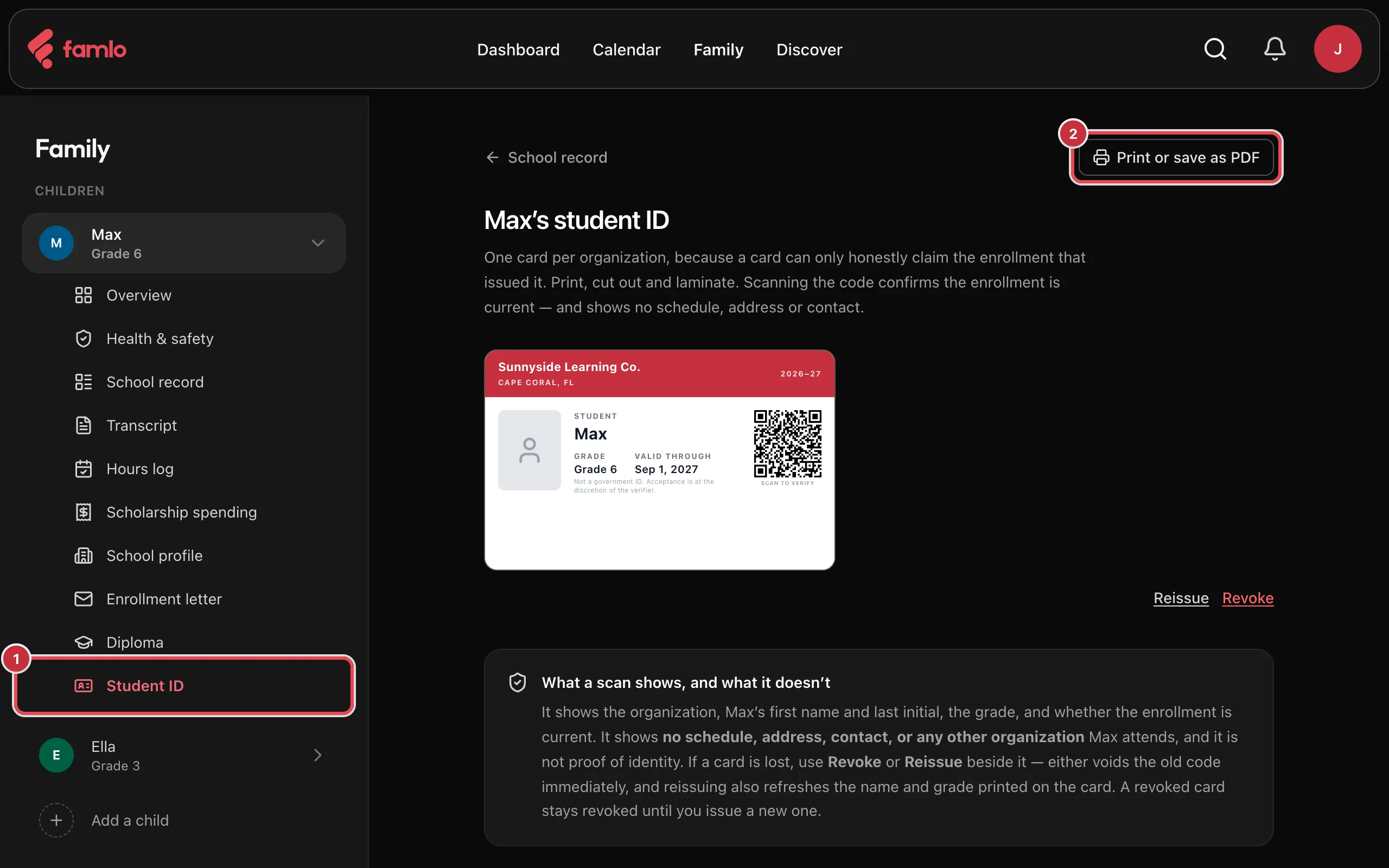Max's student ID page with a card from Sunnyside Learning Co., Student ID highlighted in the Family menu and the Print or save as PDF button highlighted