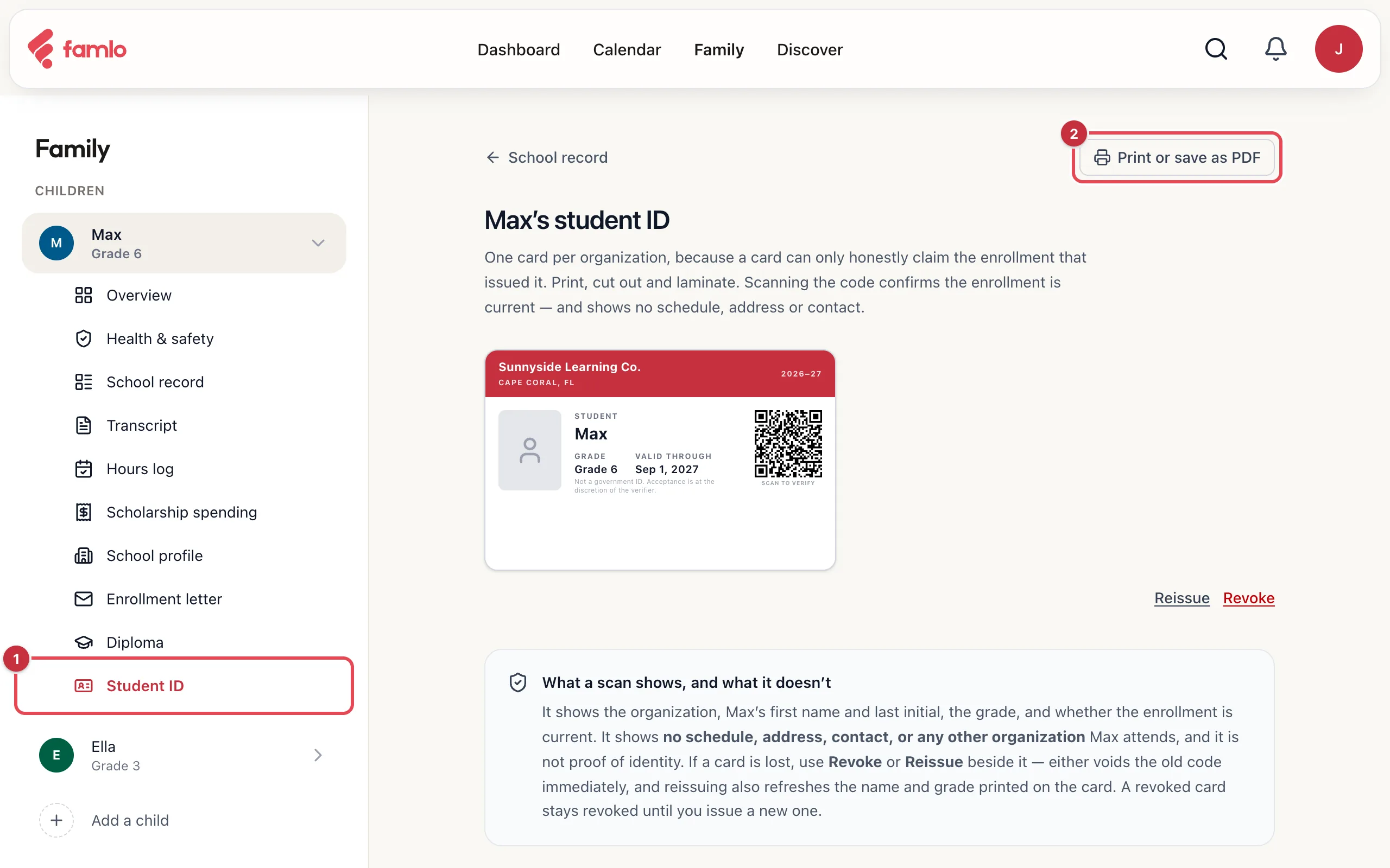 Max's student ID page with a card from Sunnyside Learning Co., Student ID highlighted in the Family menu and the Print or save as PDF button highlighted
