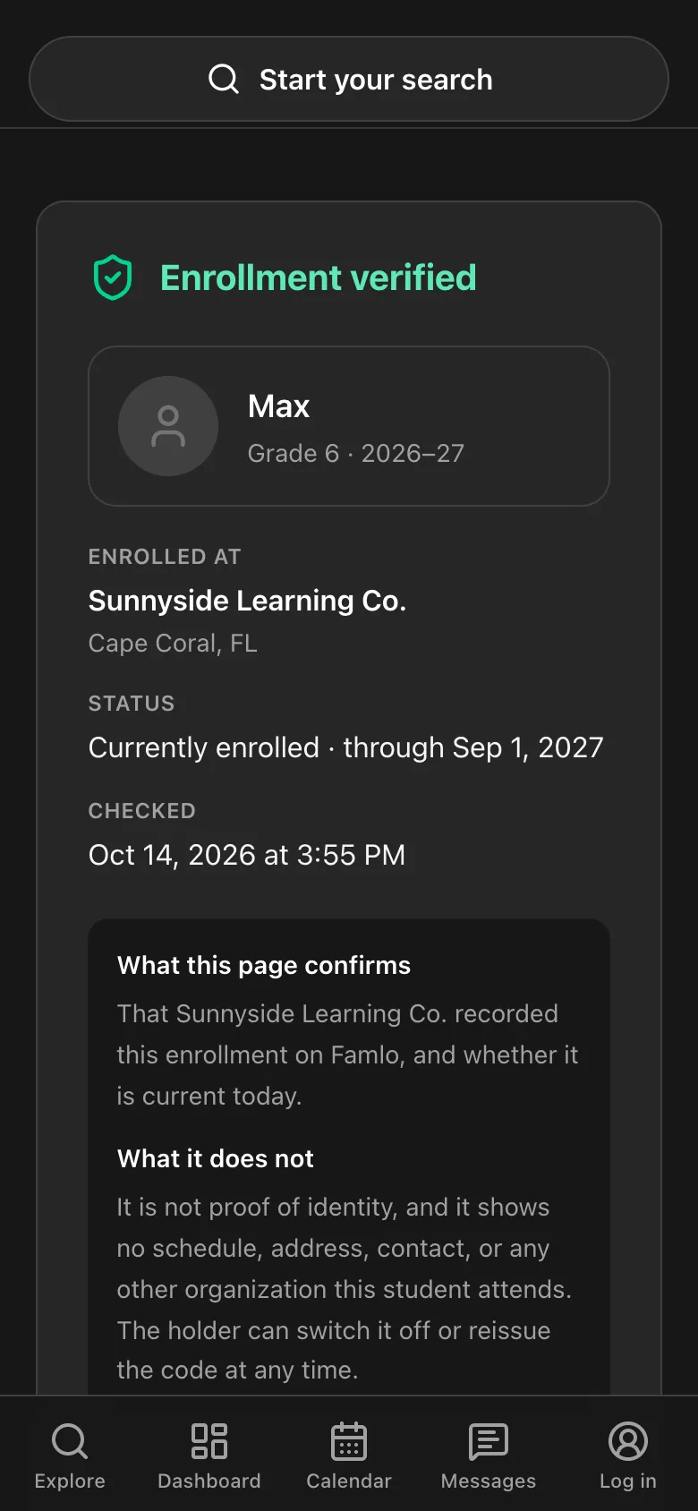 The verification page on a phone: Enrollment verified, Max, Grade 6, enrolled at Sunnyside Learning Co., currently enrolled through Sep 1, 2027