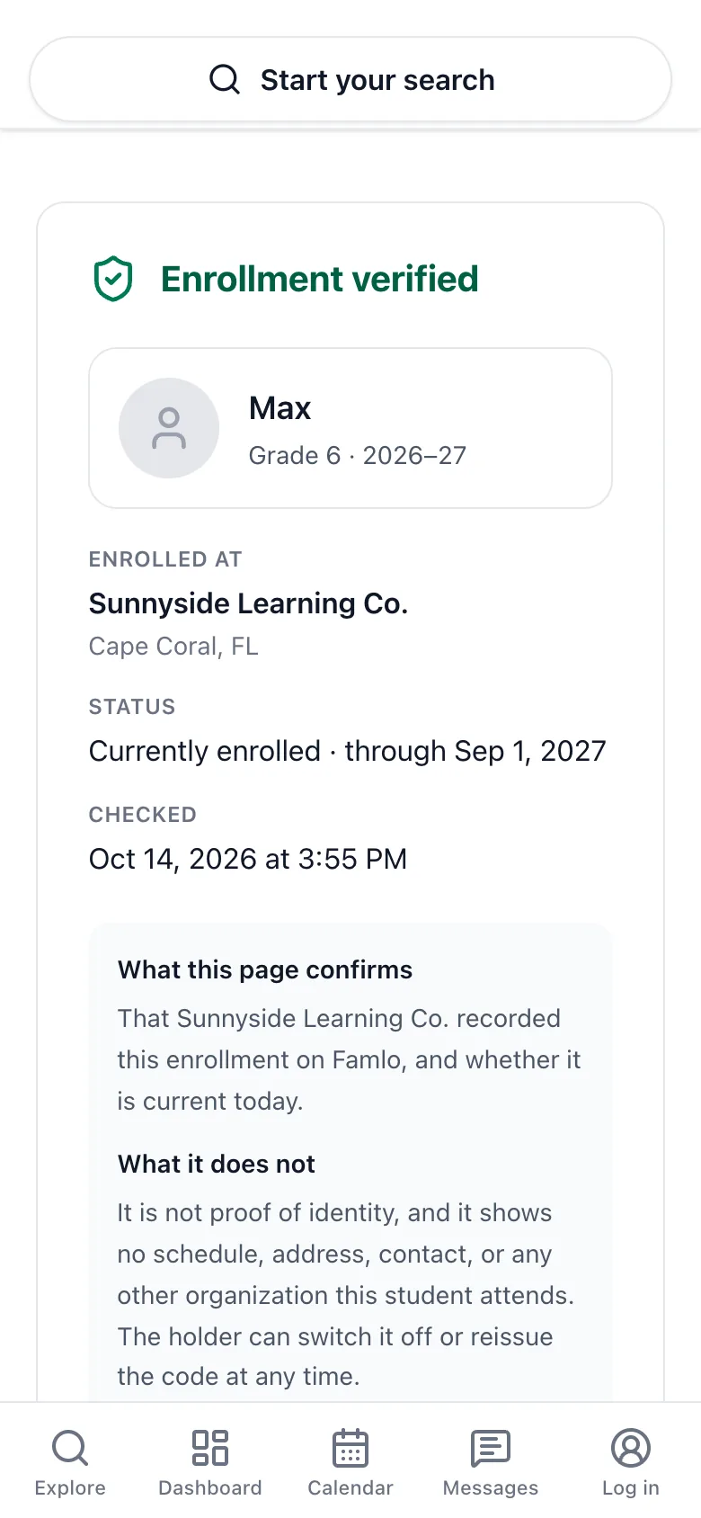 The verification page on a phone: Enrollment verified, Max, Grade 6, enrolled at Sunnyside Learning Co., currently enrolled through Sep 1, 2027