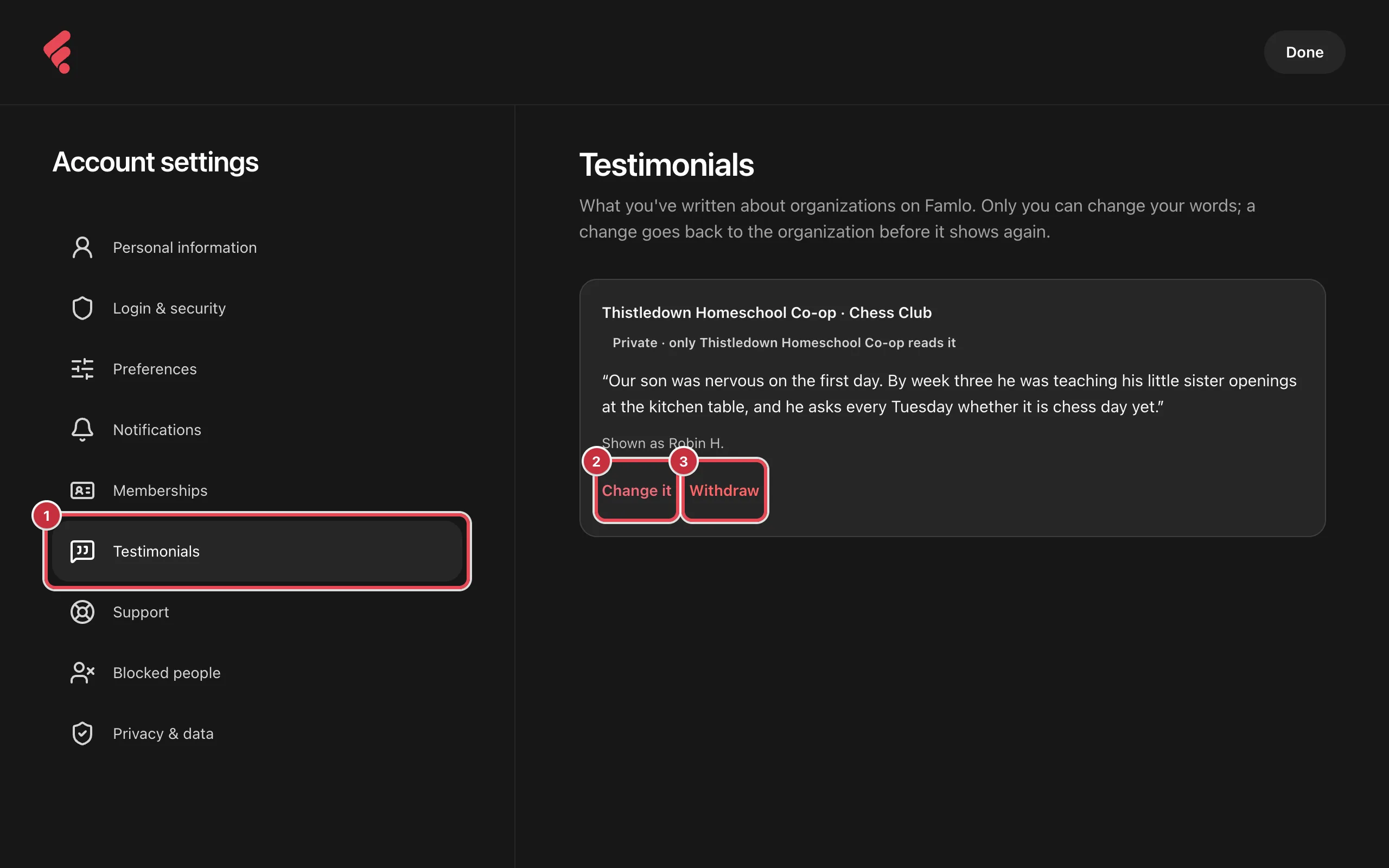 Account settings with Testimonials selected in the sidebar, one private testimonial about a chess class, and the Change it and Withdraw links highlighted