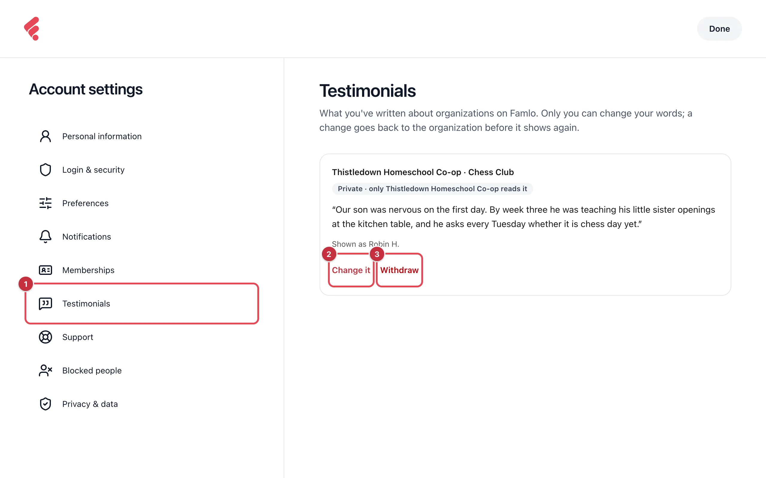 Account settings with Testimonials selected in the sidebar, one private testimonial about a chess class, and the Change it and Withdraw links highlighted