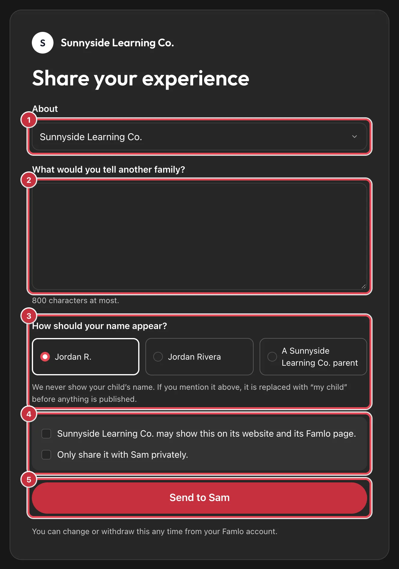 The Share your experience form for Sunnyside Learning Co., with About, the text box, the name choices, the two sharing boxes and the Send to Sam button highlighted