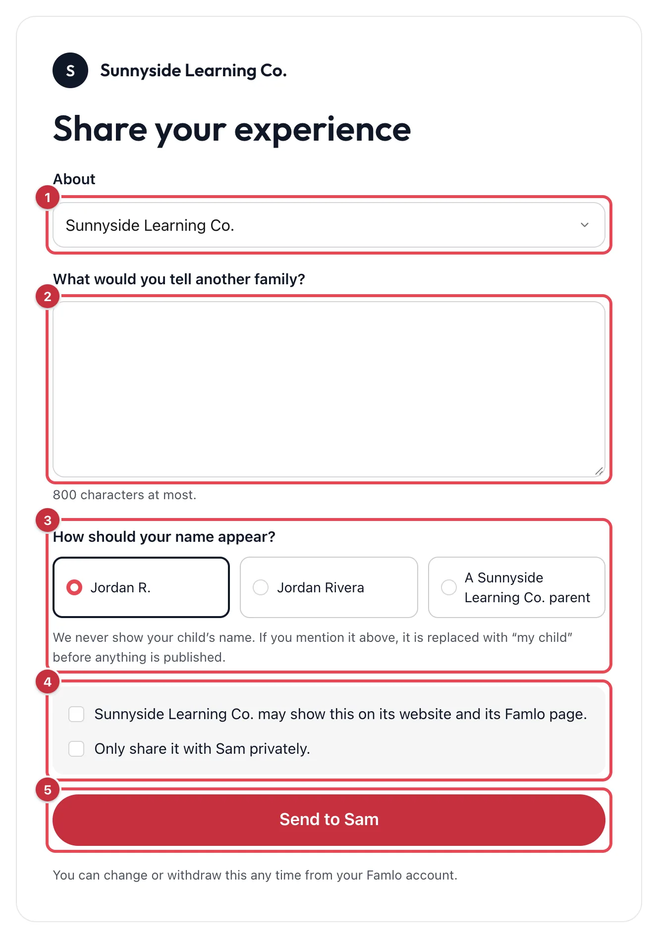 The Share your experience form for Sunnyside Learning Co., with About, the text box, the name choices, the two sharing boxes and the Send to Sam button highlighted