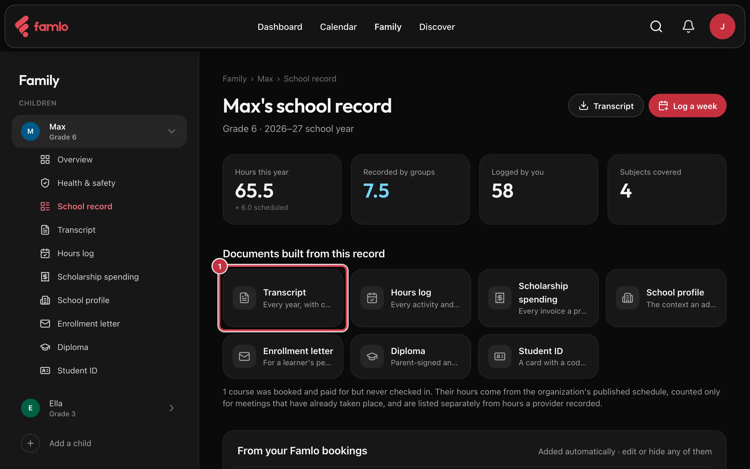 Max's school record with the Documents built from this record grid: Transcript (highlighted), Hours log, Scholarship spending, School profile, Enrollment letter, Diploma and Student ID