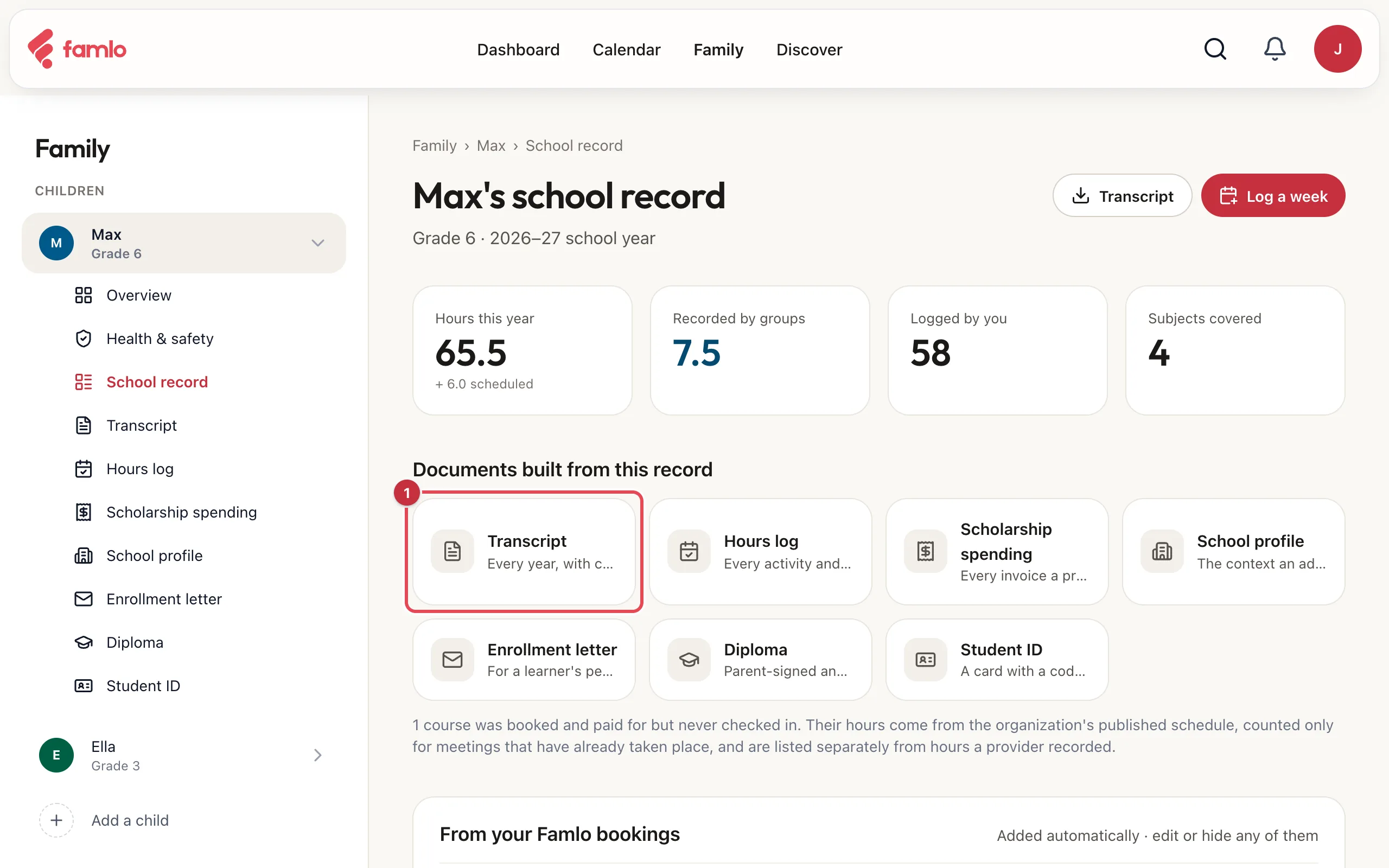 Max's school record with the Documents built from this record grid: Transcript (highlighted), Hours log, Scholarship spending, School profile, Enrollment letter, Diploma and Student ID