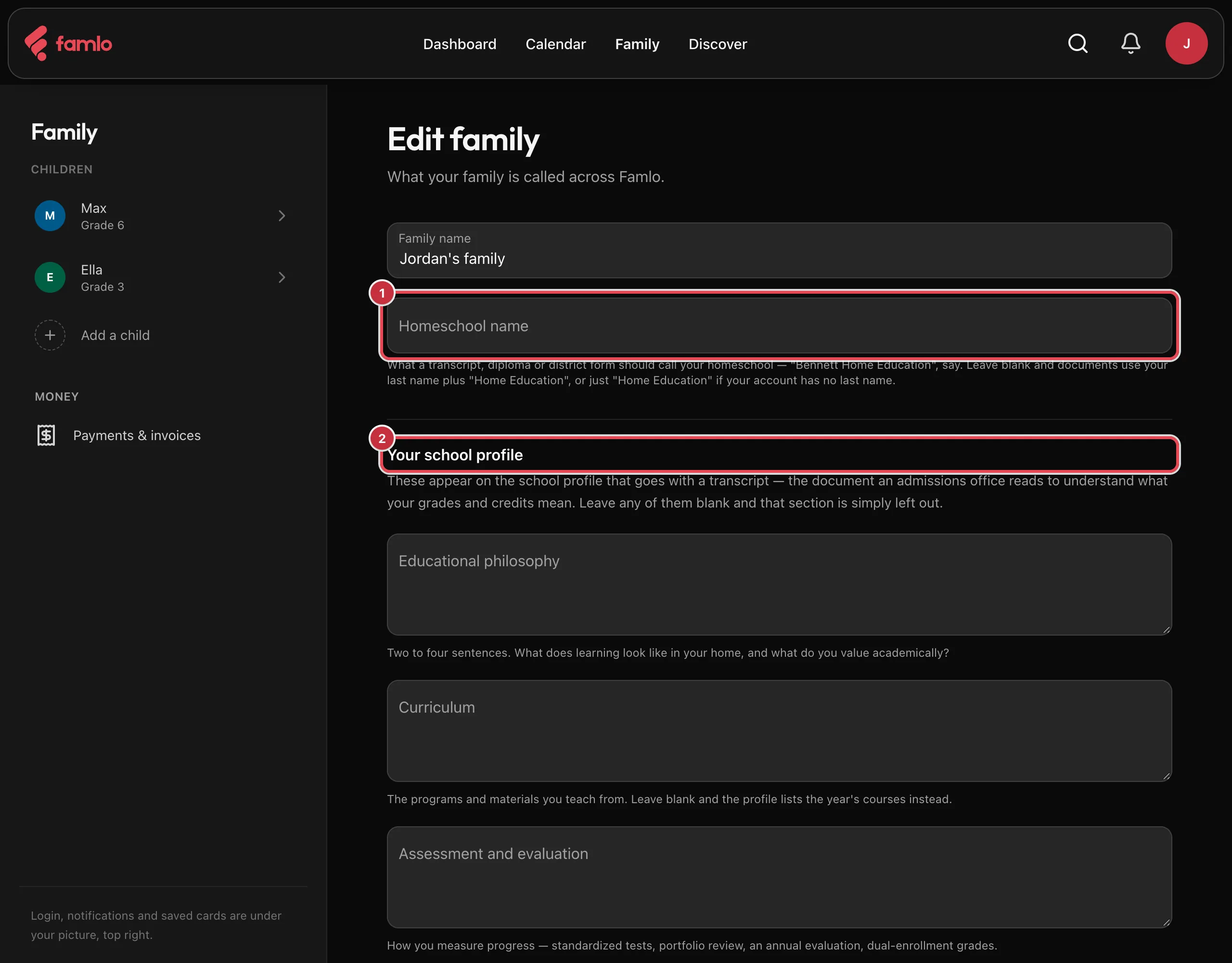 The Edit family page with the Homeschool name field (1) and the Your school profile section (2), followed by Educational philosophy, Curriculum and Assessment and evaluation
